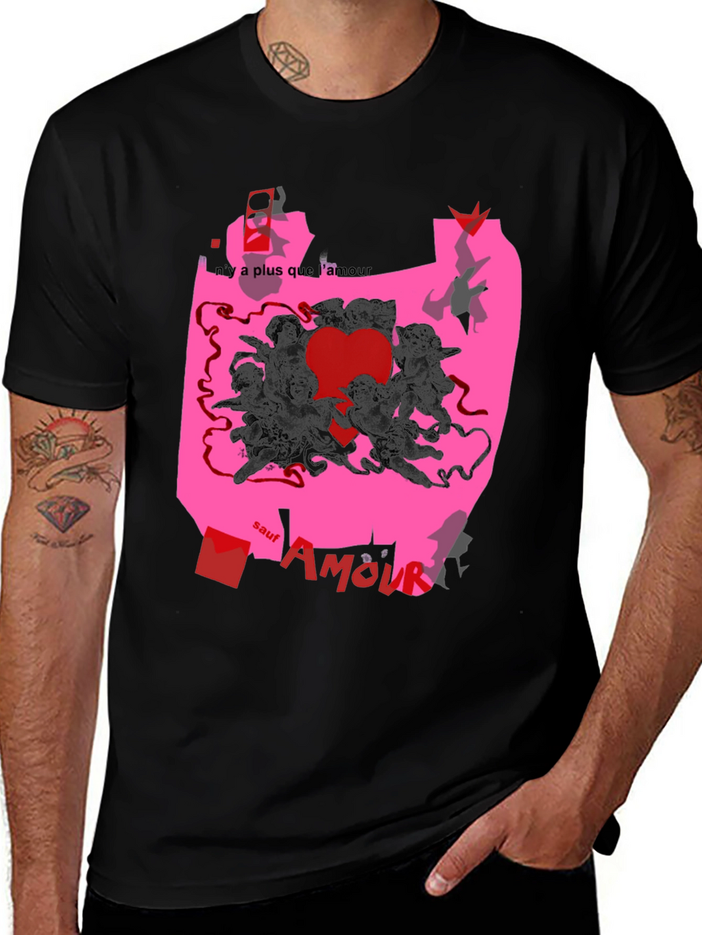 Unique Graphic Print T-Shirt with Angels and Love Theme