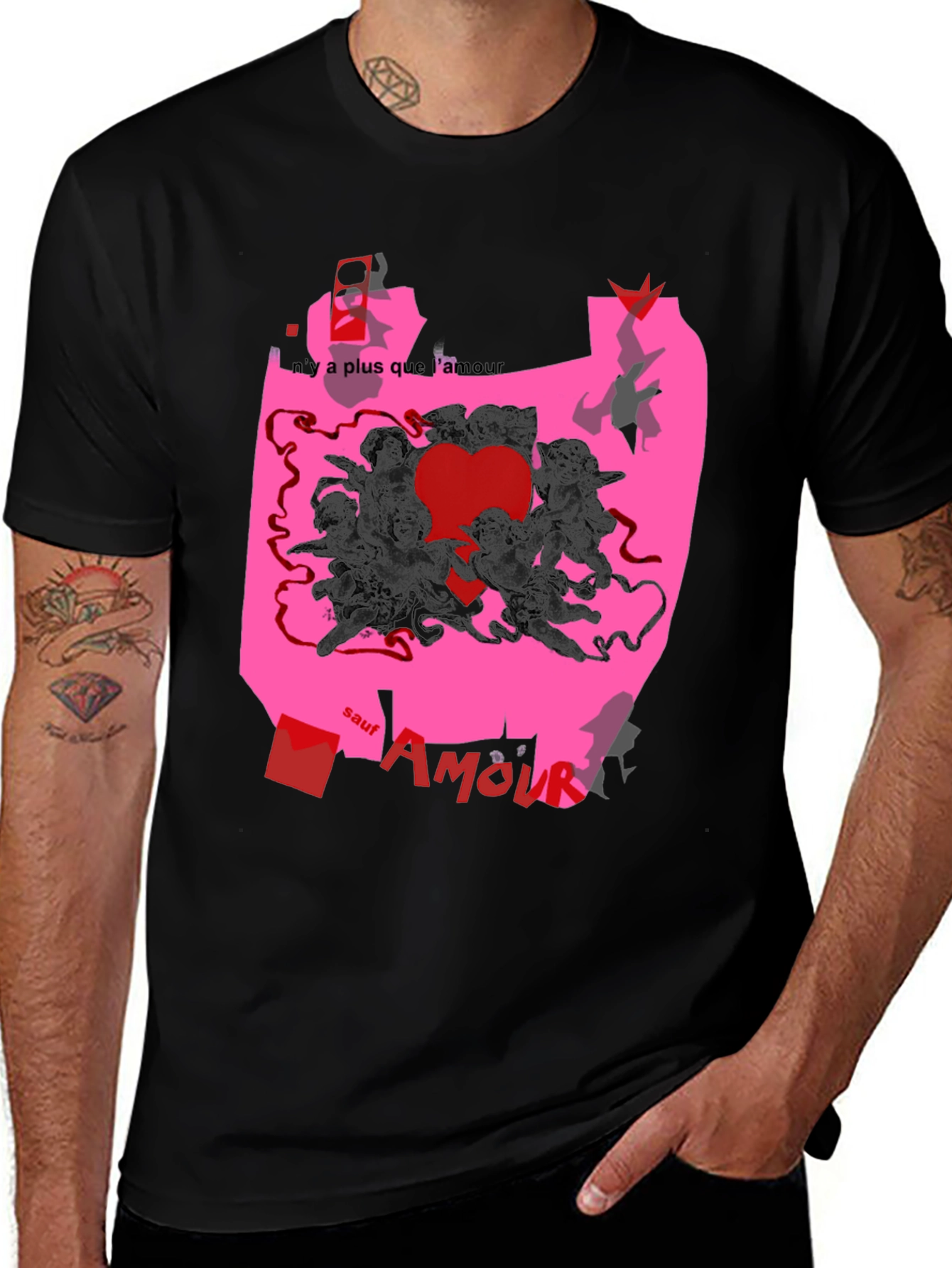 Unique Graphic Print T-Shirt with Angels and Love Theme