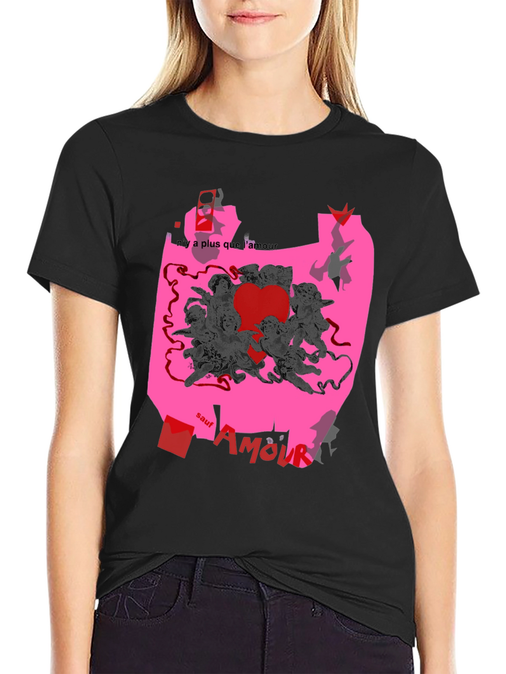 Unique Graphic Print T-Shirt with Angels and Love Theme