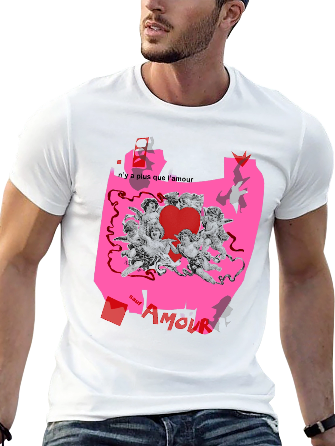 Unique Graphic Print T-Shirt with Angels and Love Theme