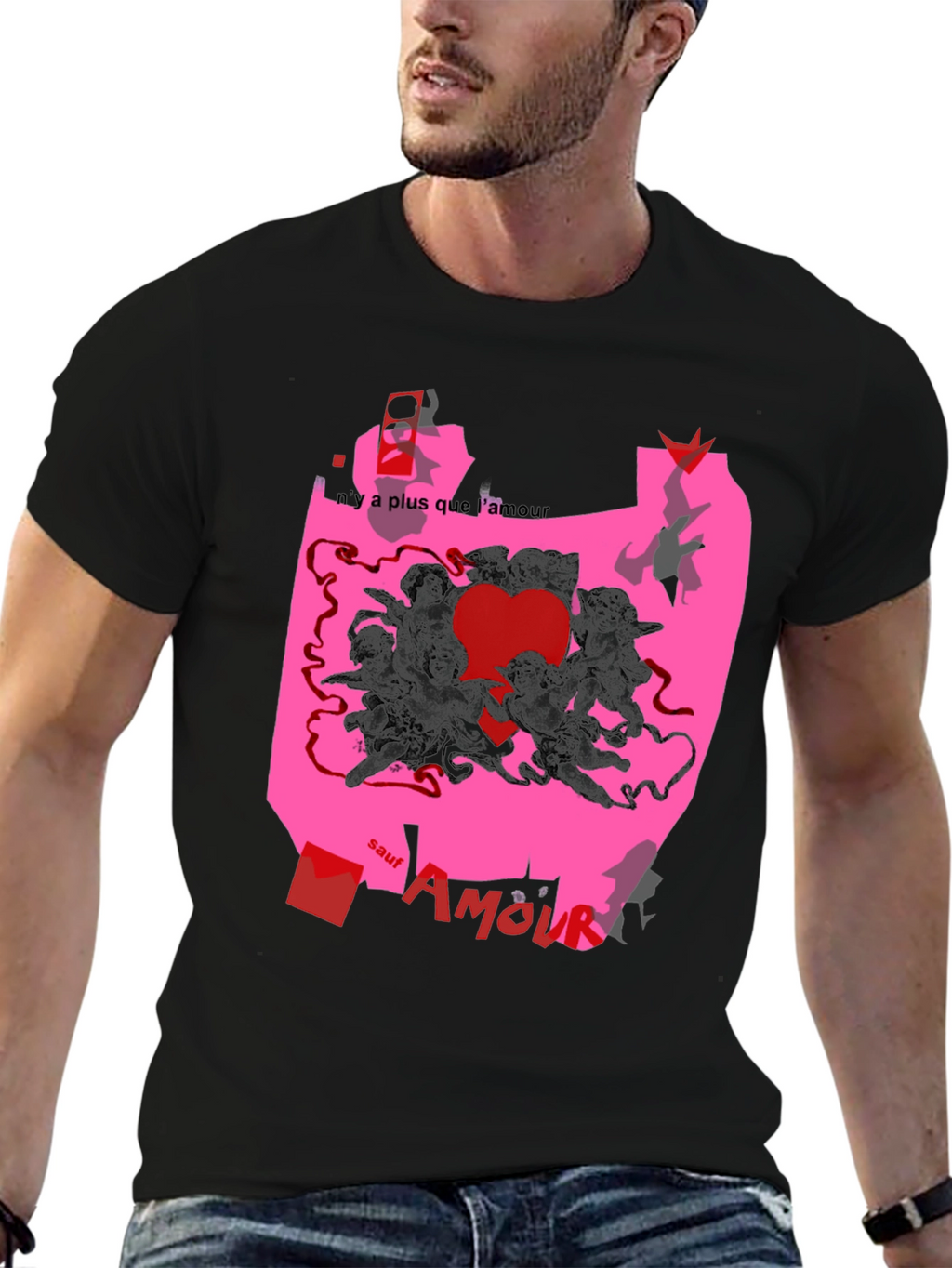 Unique Graphic Print T-Shirt with Angels and Love Theme