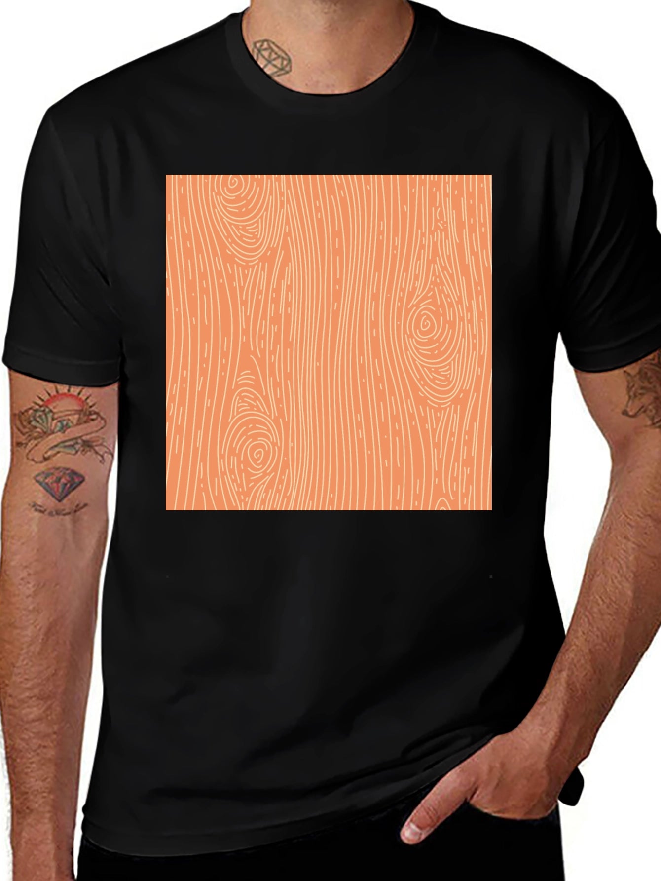 Wood Grain Graphic Print Black T-Shirt