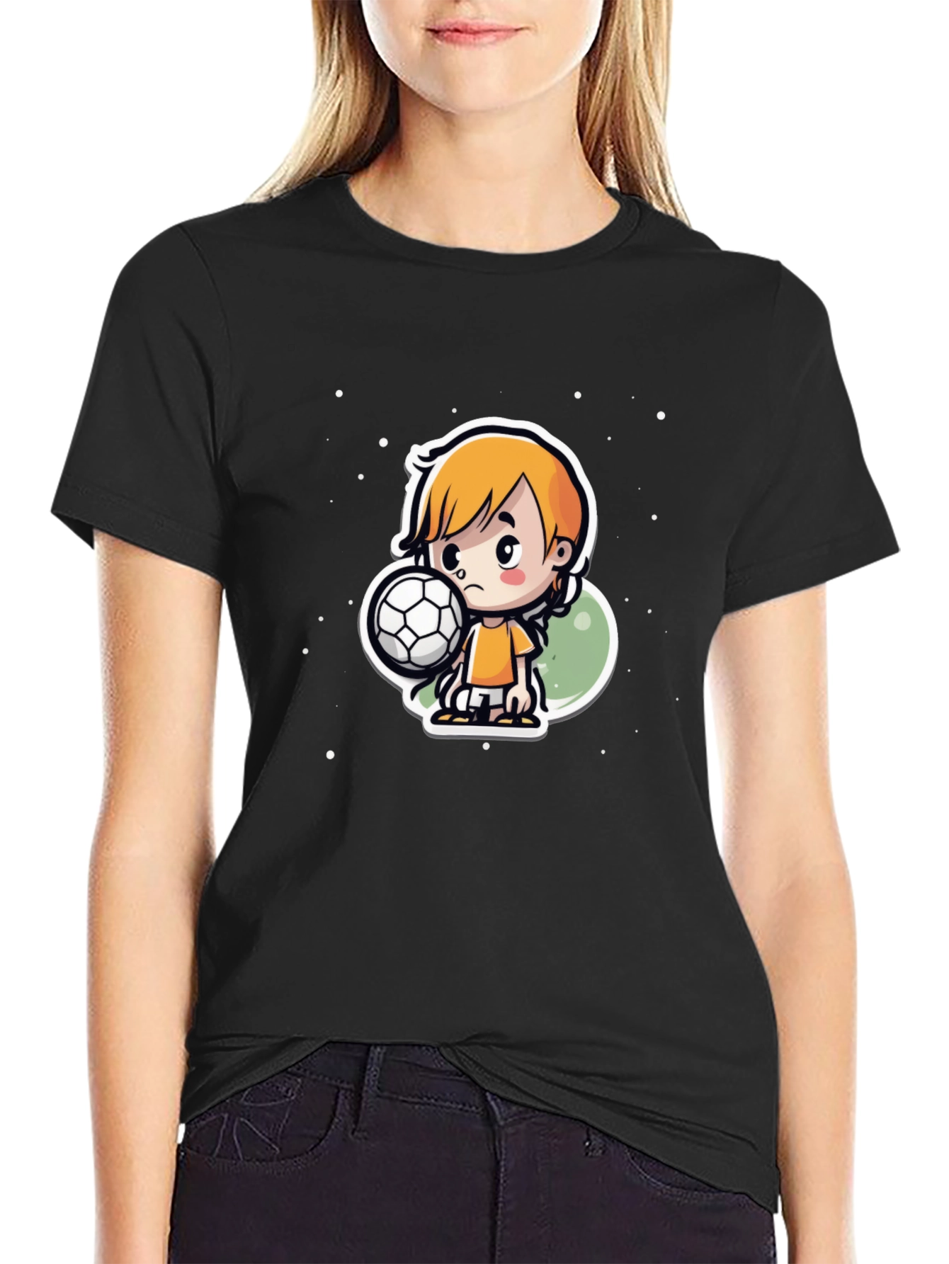 Cartoon Soccer Boy Black T-Shirt