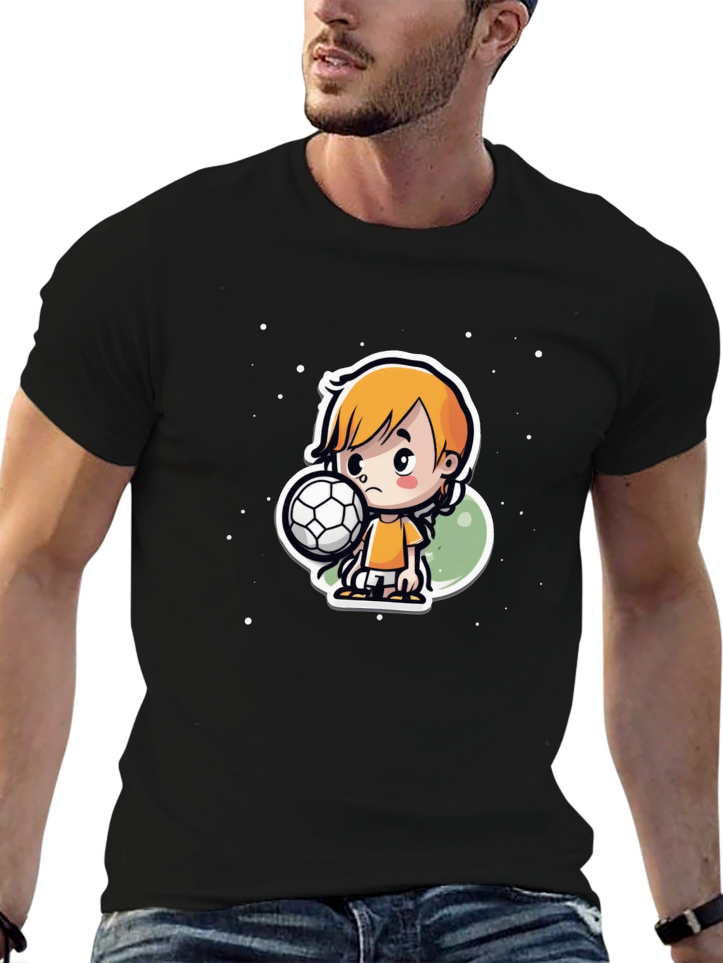 Cartoon Soccer Boy Black T-Shirt