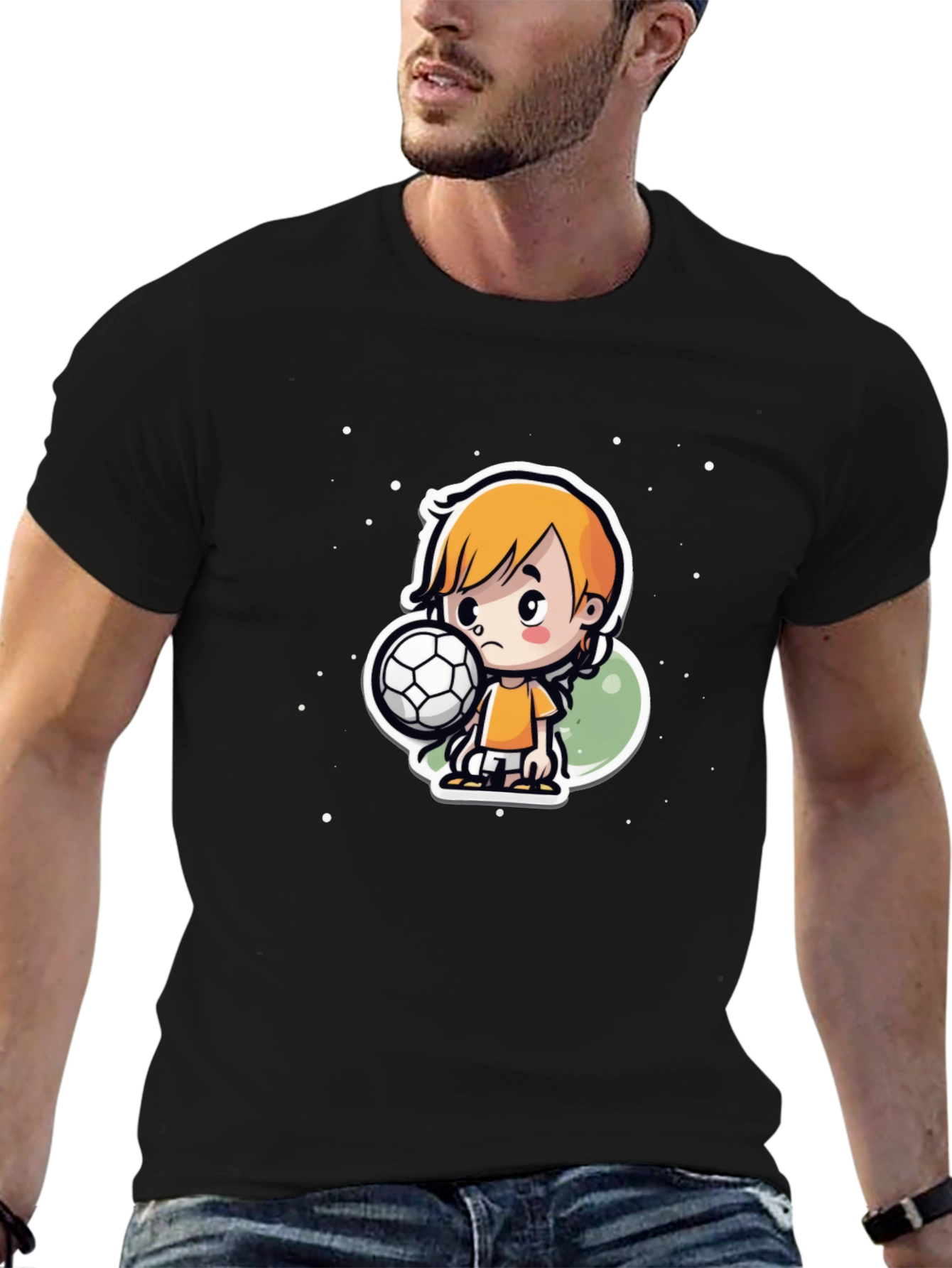 Cartoon Soccer Boy Black T-Shirt