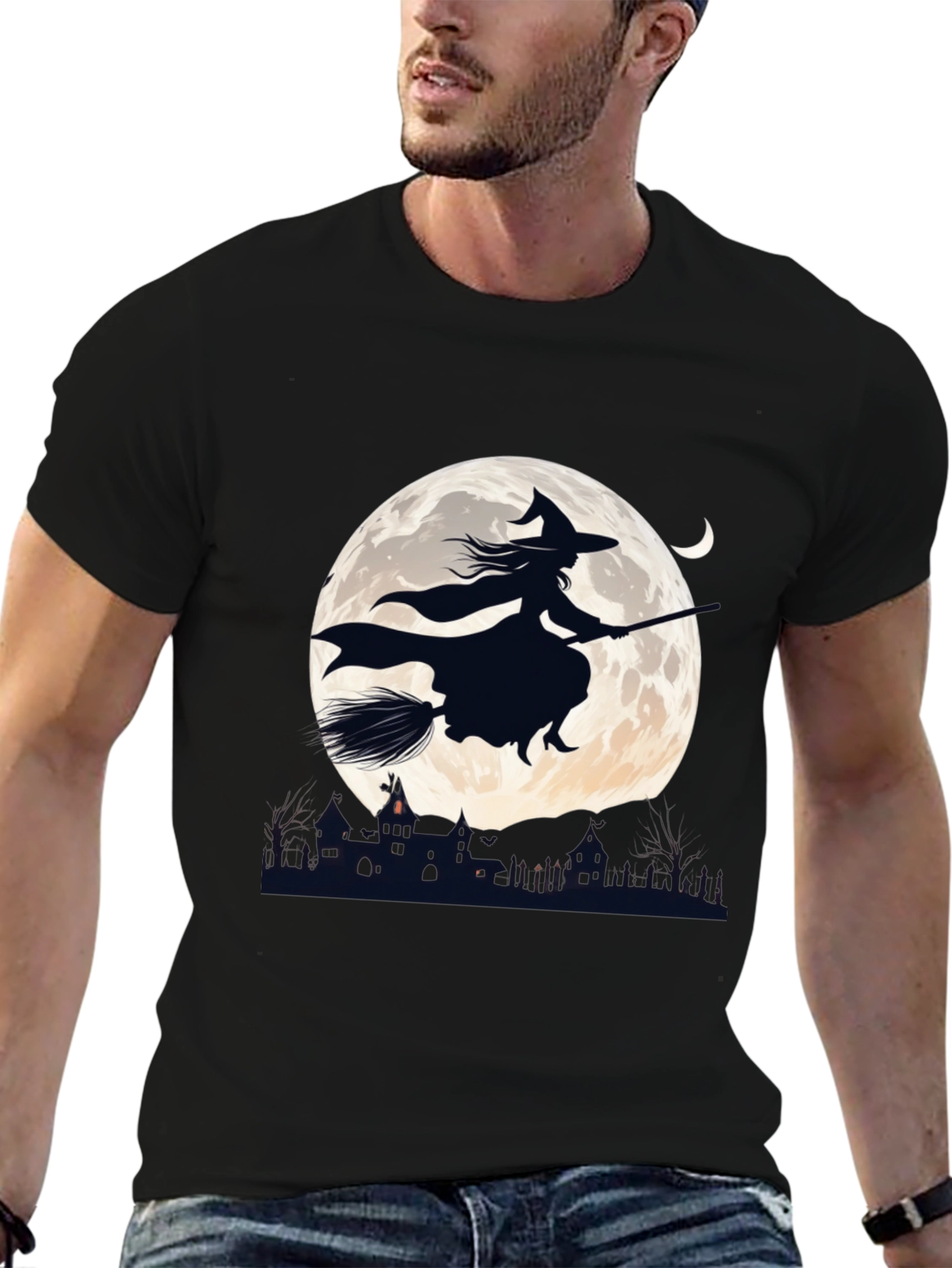 Witch on Broomstick T-Shirt - Halloween Moon Design
