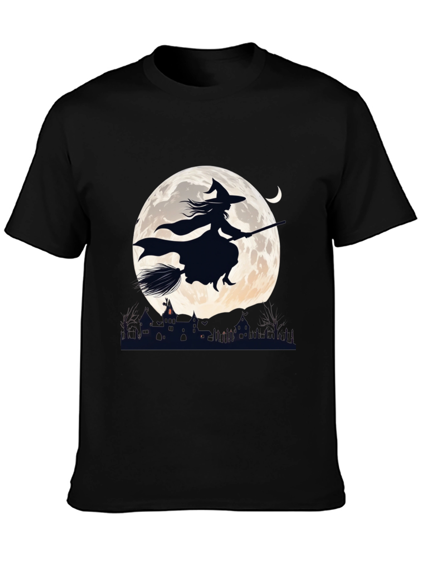 Witch on Broomstick T-Shirt - Halloween Moon Design