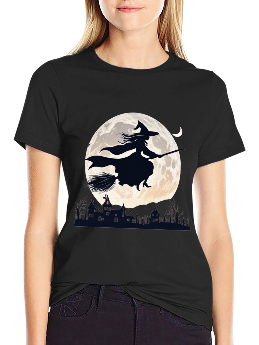 Witch on Broomstick T-Shirt - Halloween Moon Design