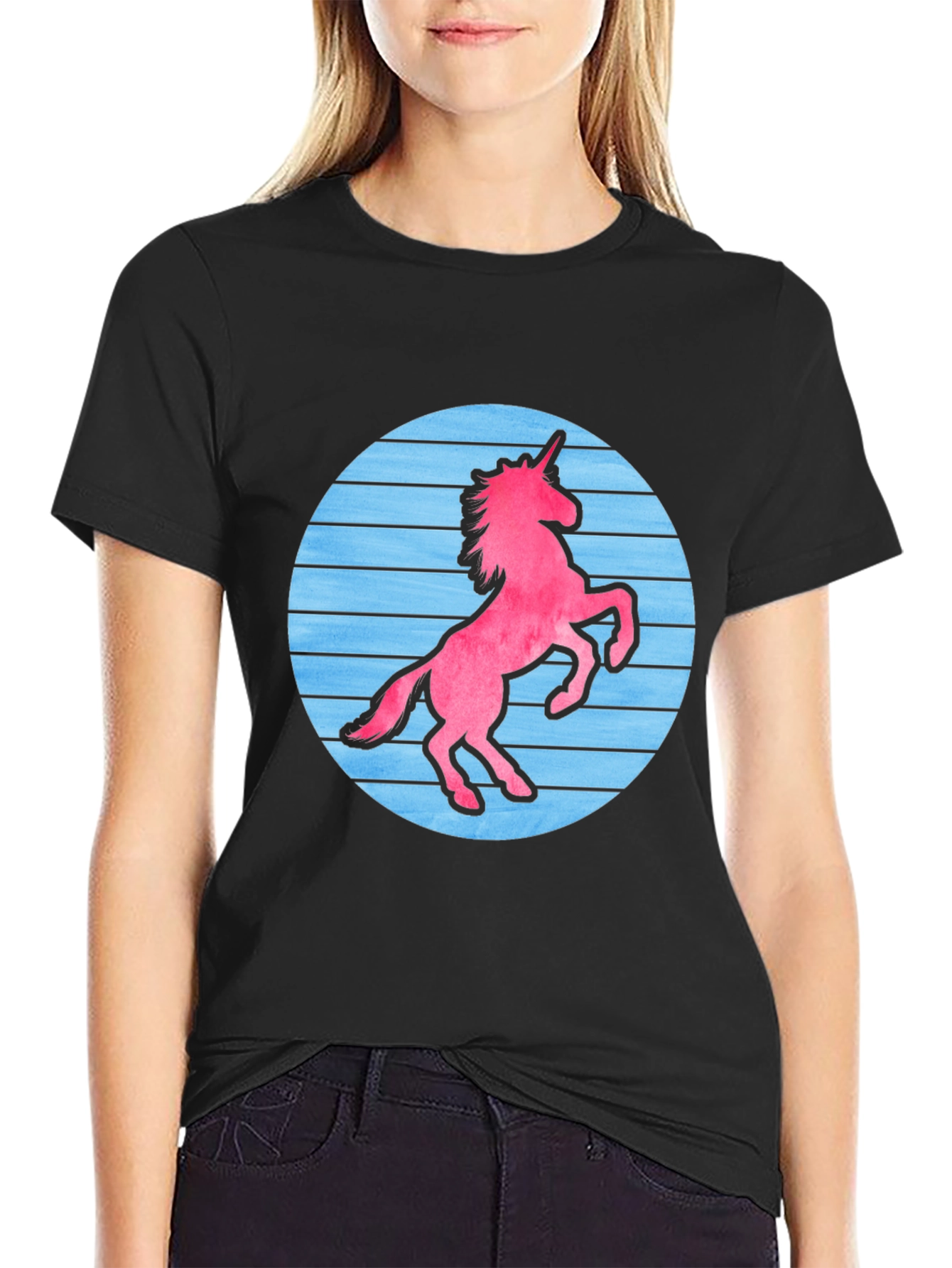 Retro Unicorn Graphic T-Shirt - Black Cotton Blend