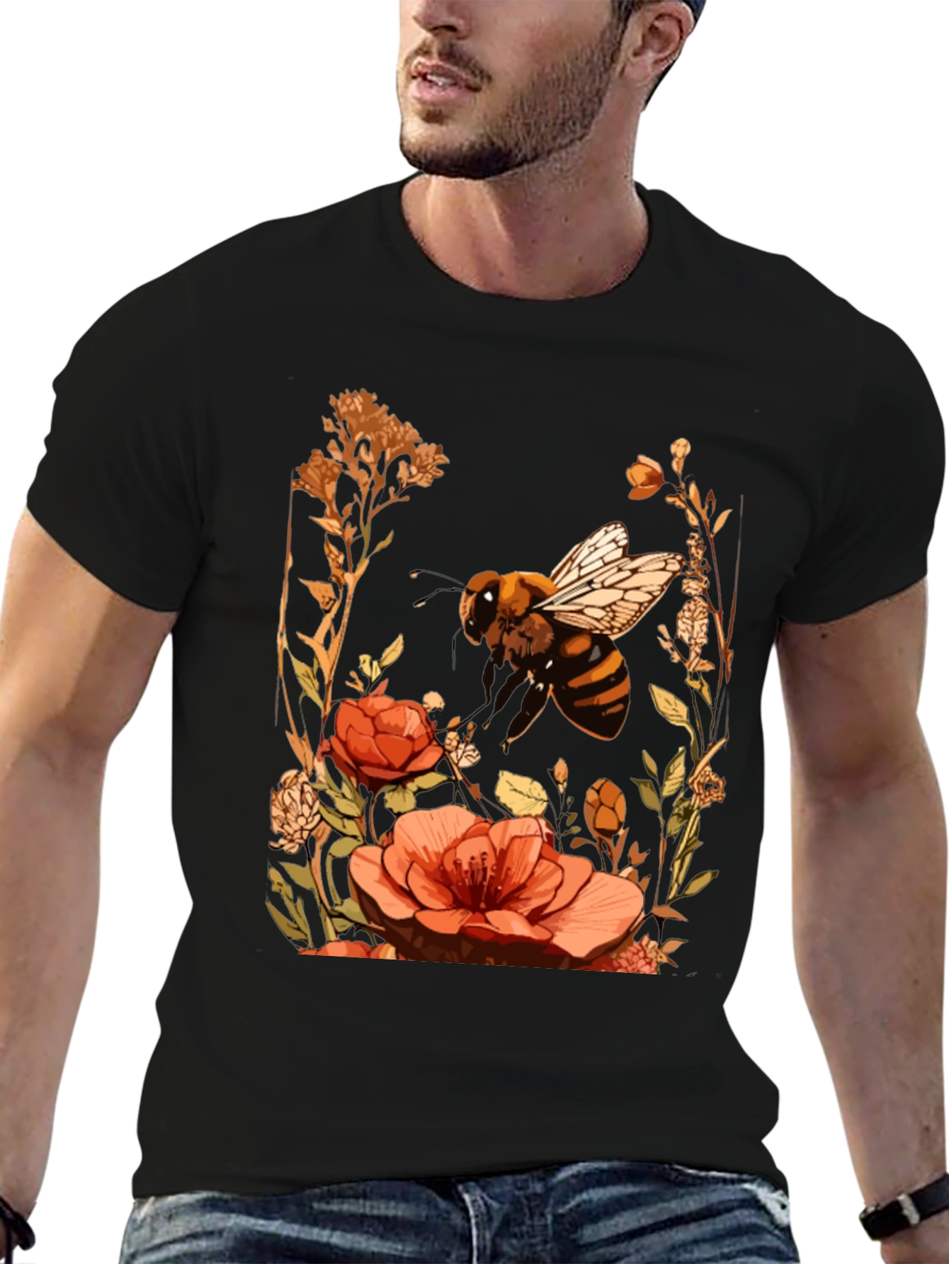Bee & Flower Graphic Tee - Black Cotton Blend