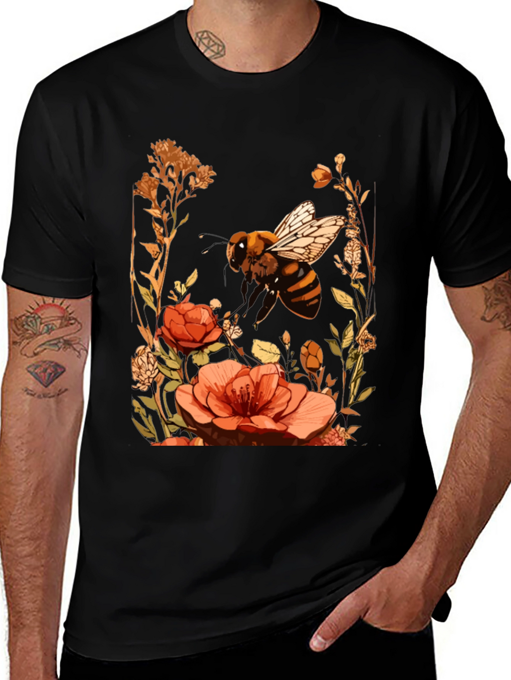 Bee & Flower Graphic Tee - Black Cotton Blend