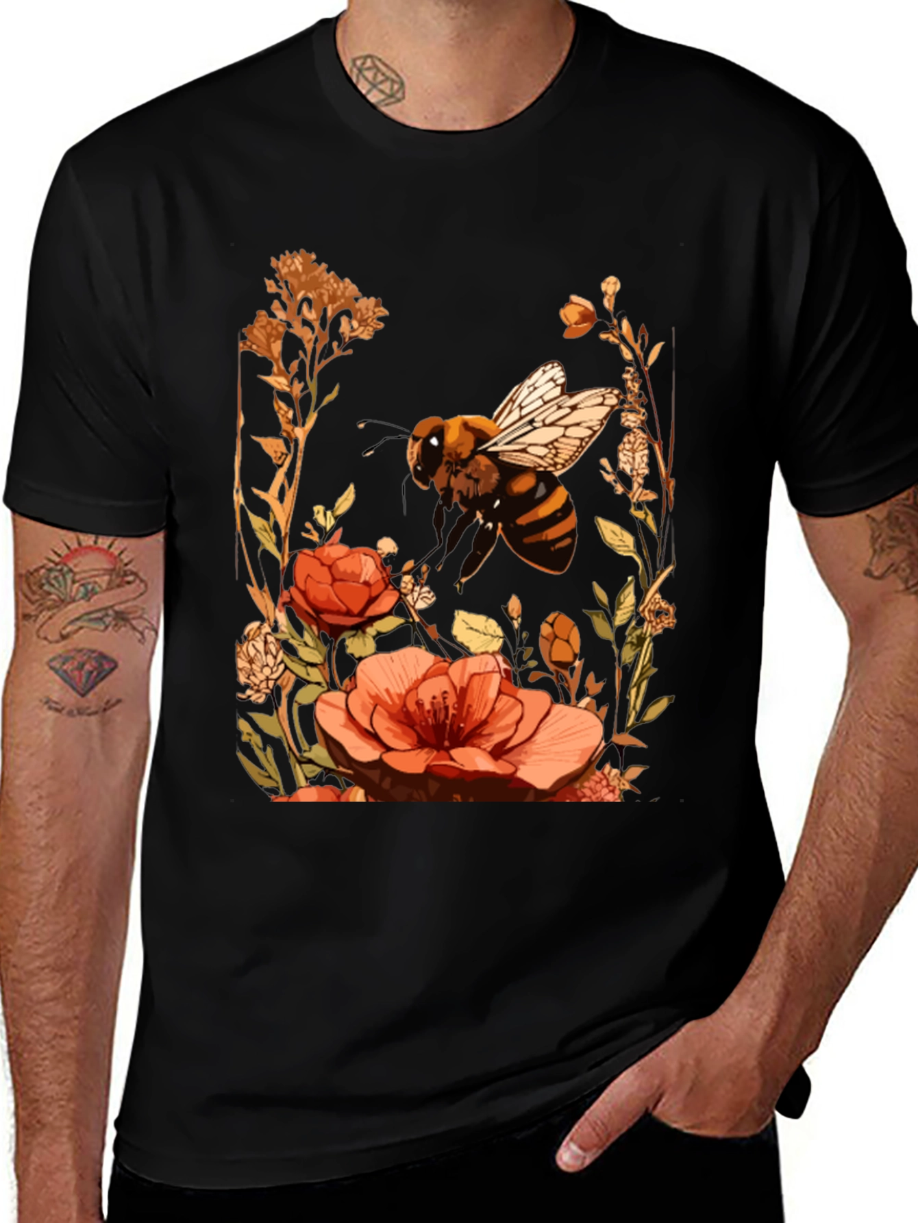 Bee & Flower Graphic Tee - Black Cotton Blend