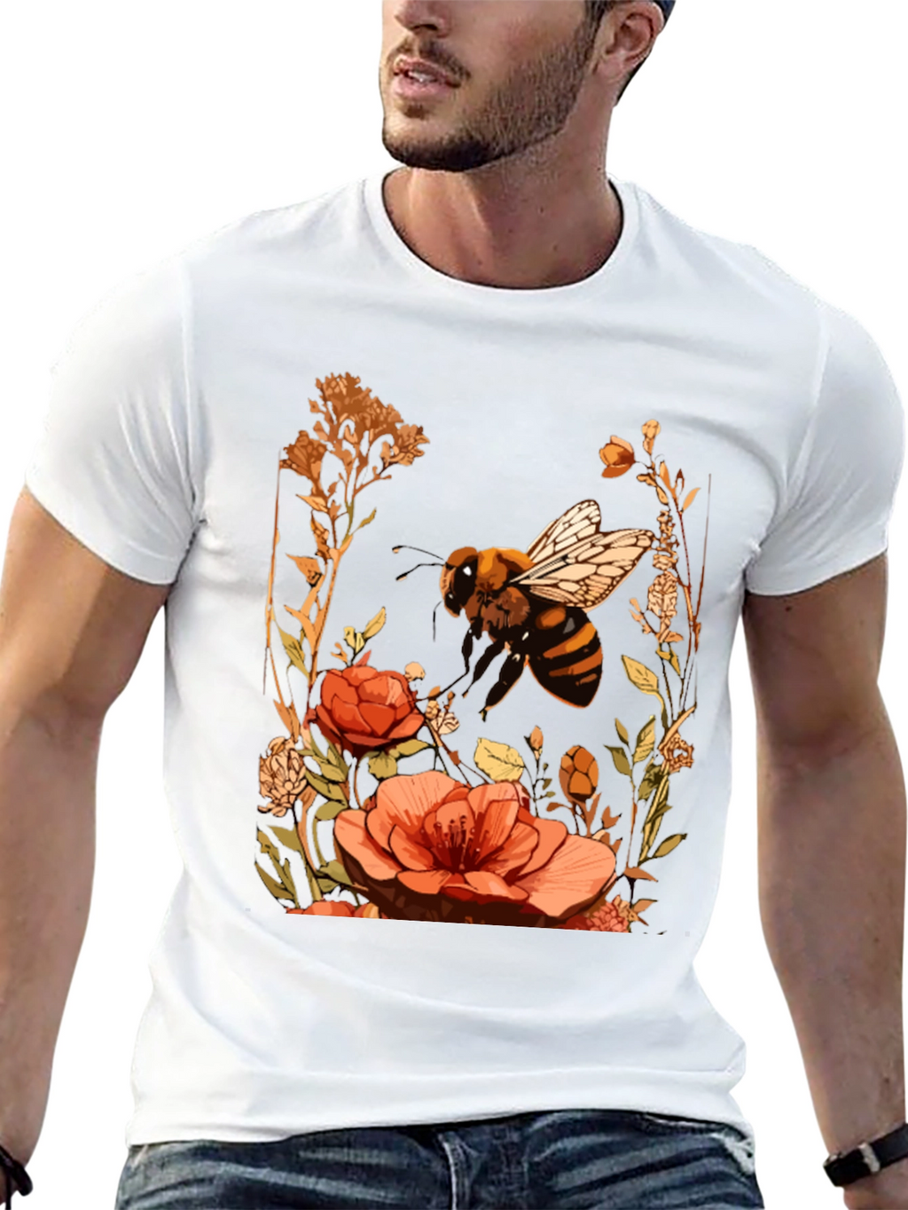Bee & Flower Graphic Tee - Black Cotton Blend