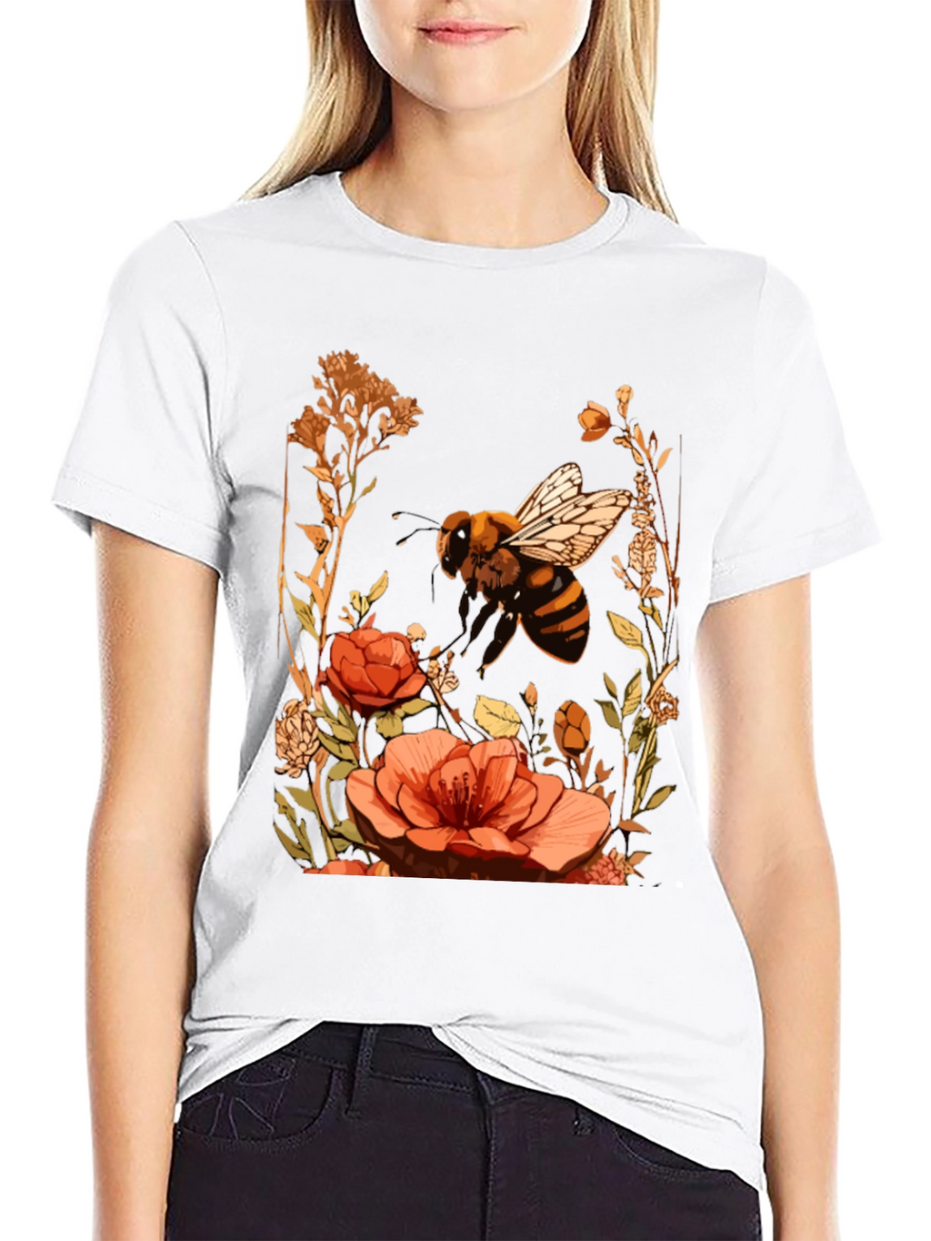 Bee & Flower Graphic Tee - Black Cotton Blend