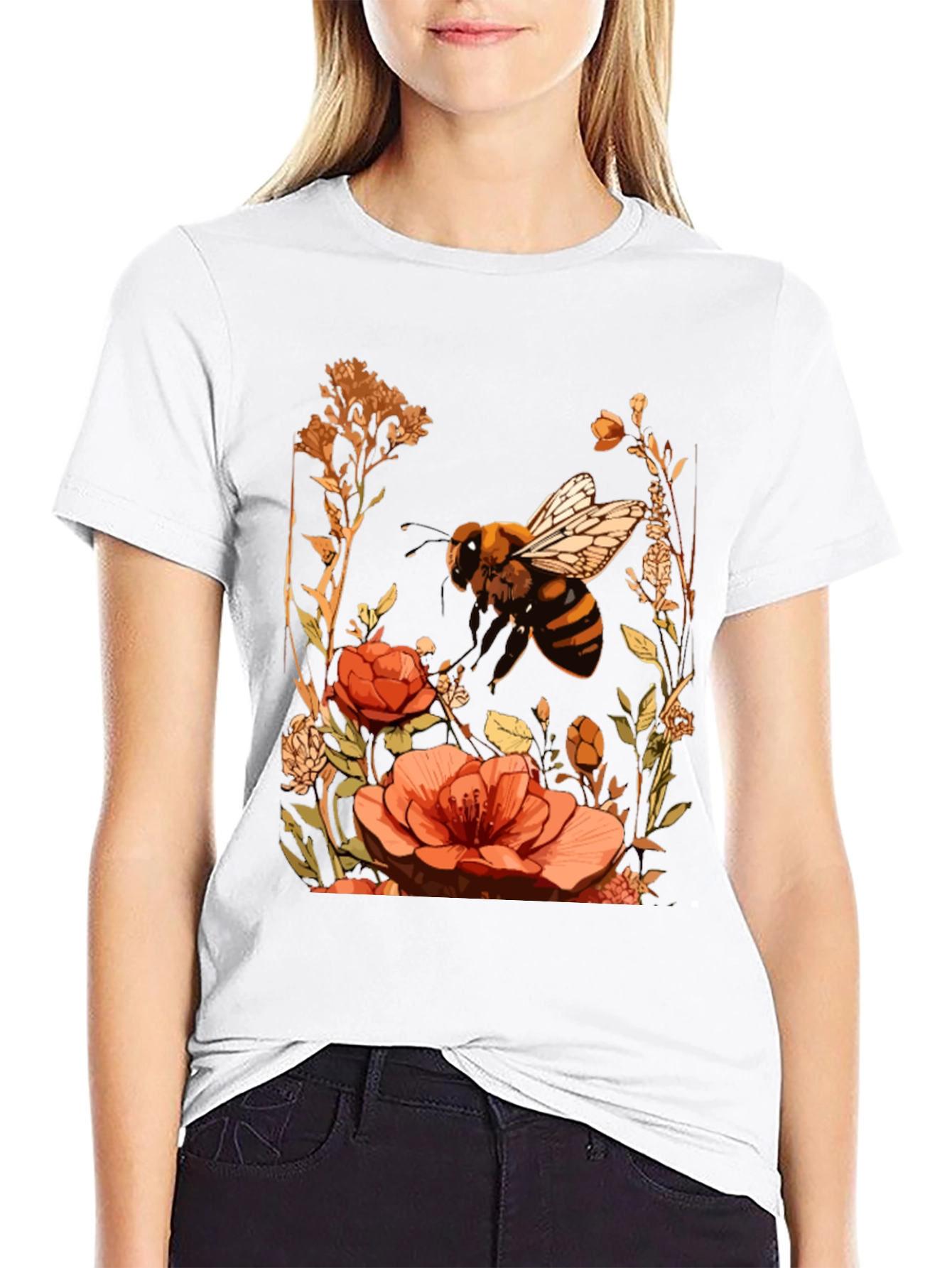 Bee & Flower Graphic Tee - Black Cotton Blend