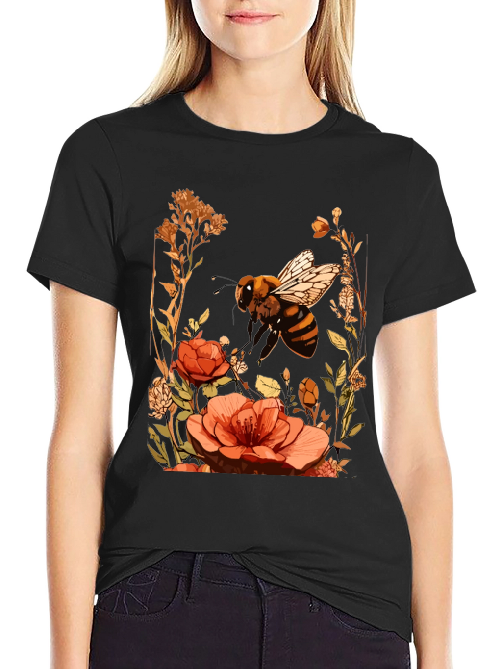 Bee & Flower Graphic Tee - Black Cotton Blend