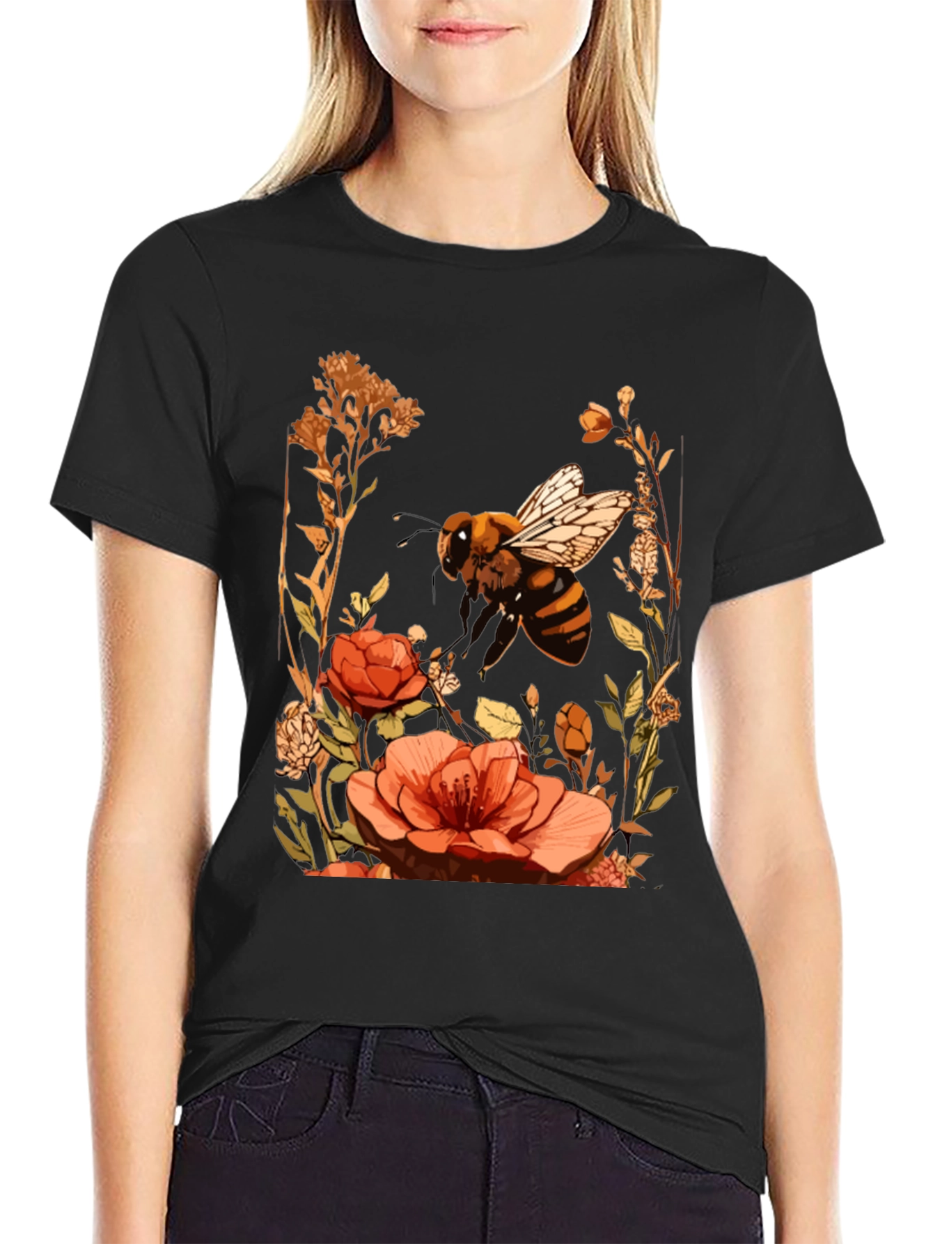 Bee & Flower Graphic Tee - Black Cotton Blend