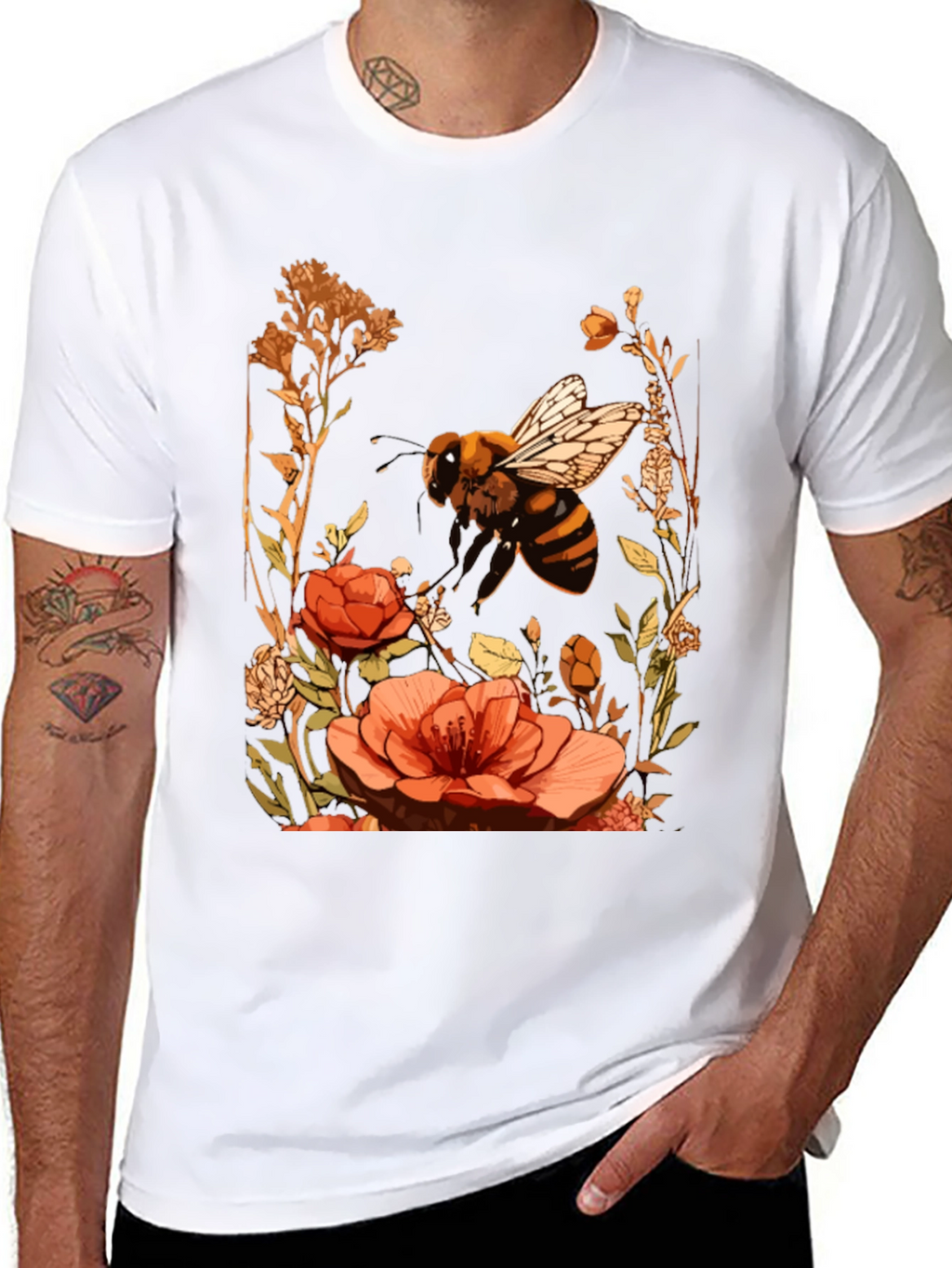 Bee & Flower Graphic Tee - Black Cotton Blend