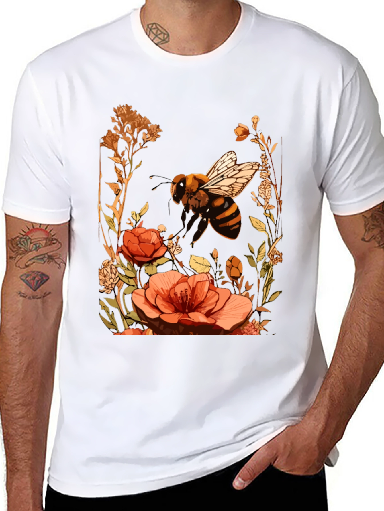 Bee & Flower Graphic Tee - Black Cotton Blend