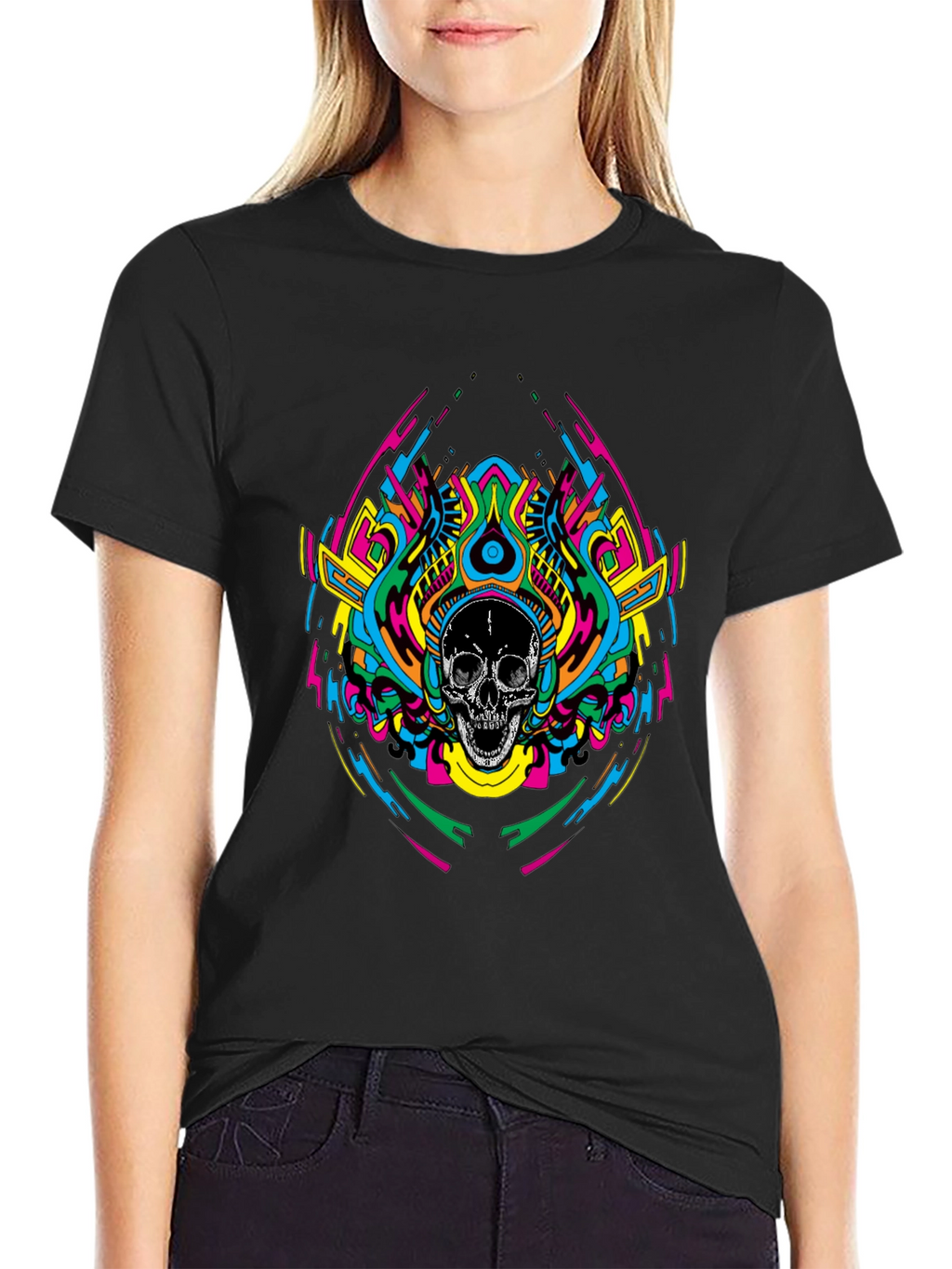 Psychedelic Skull Graphic T-Shirt - Black