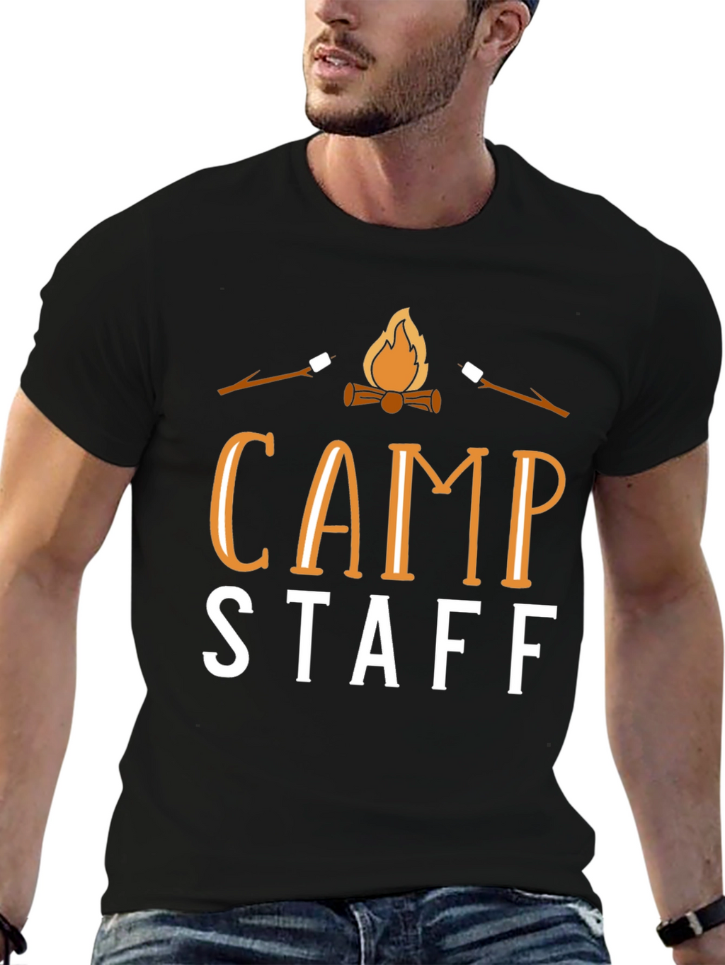 Camp Staff Black T-Shirt - Marshmallow Roast Design