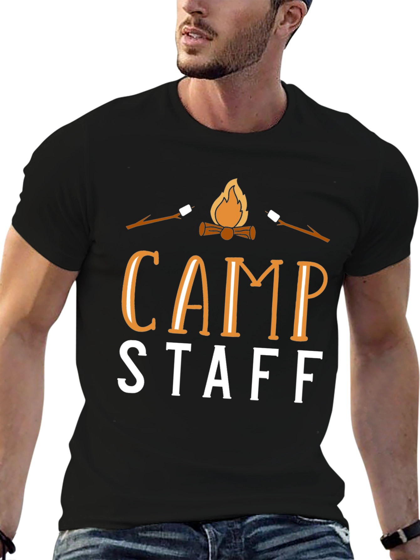 Camp Staff Black T-Shirt - Marshmallow Roast Design