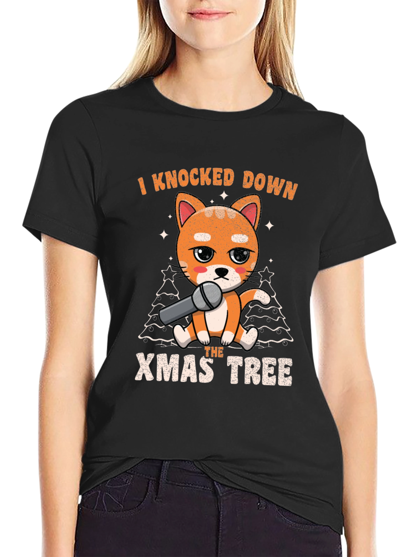 Funny Christmas Cat Knocked Down Xmas Tree T-Shirt