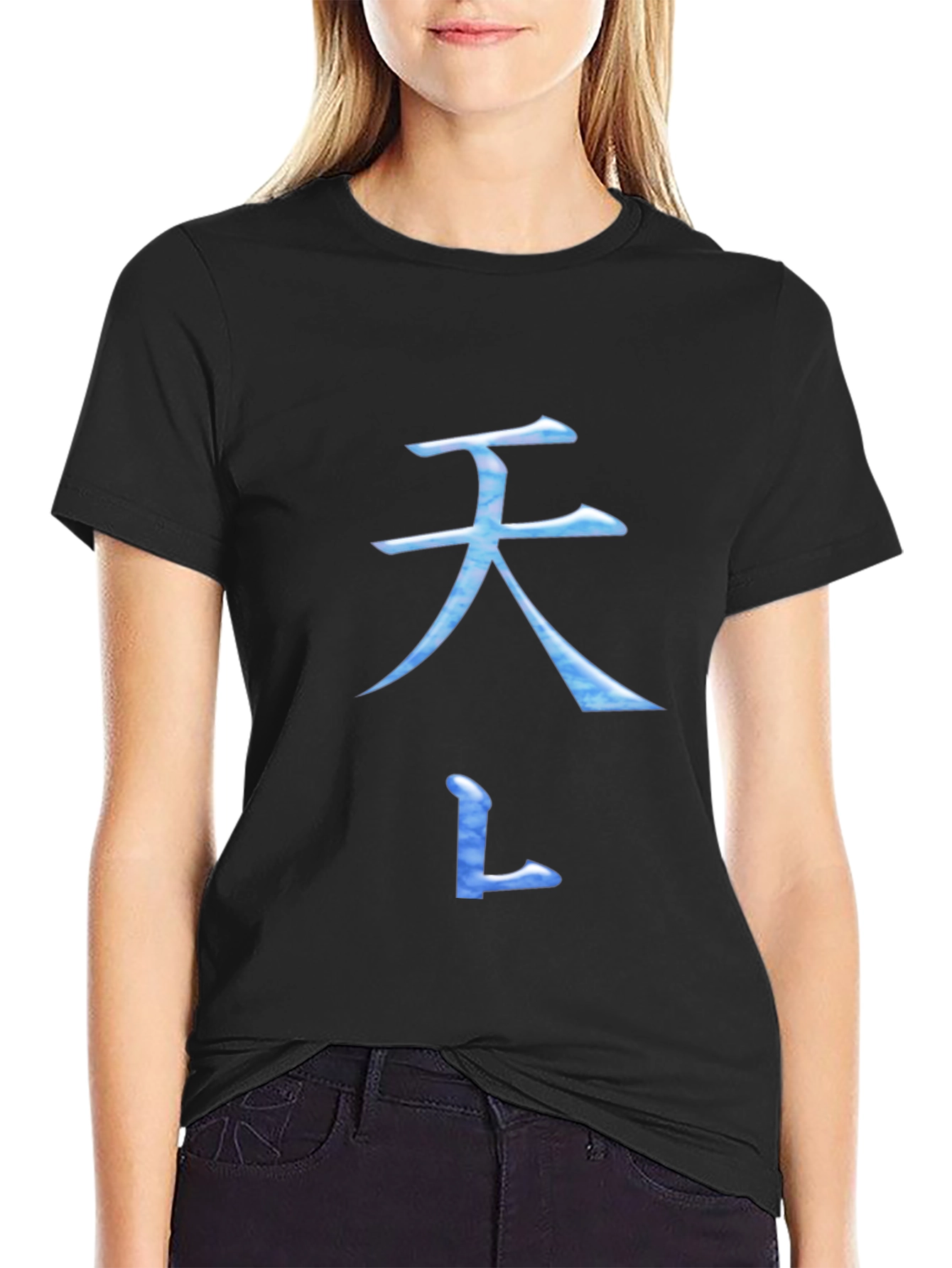 Black T-Shirt with Blue Asian Inspired Symbol Design