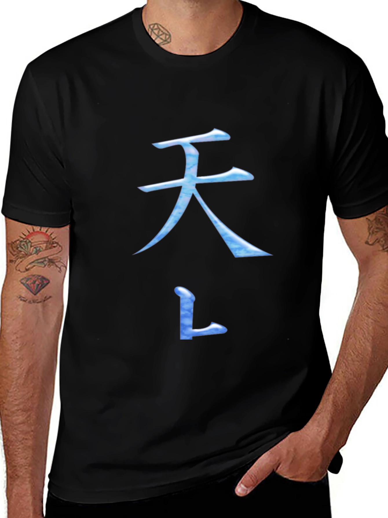 Black T-Shirt with Blue Asian Inspired Symbol Design