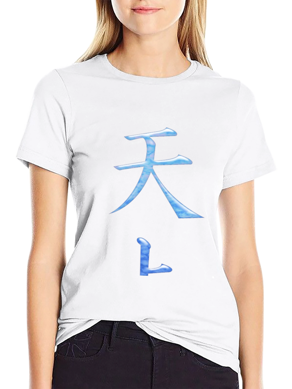 Black T-Shirt with Blue Asian Inspired Symbol Design