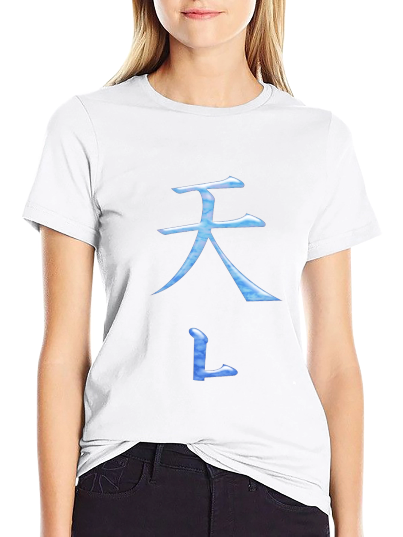 Black T-Shirt with Blue Asian Inspired Symbol Design