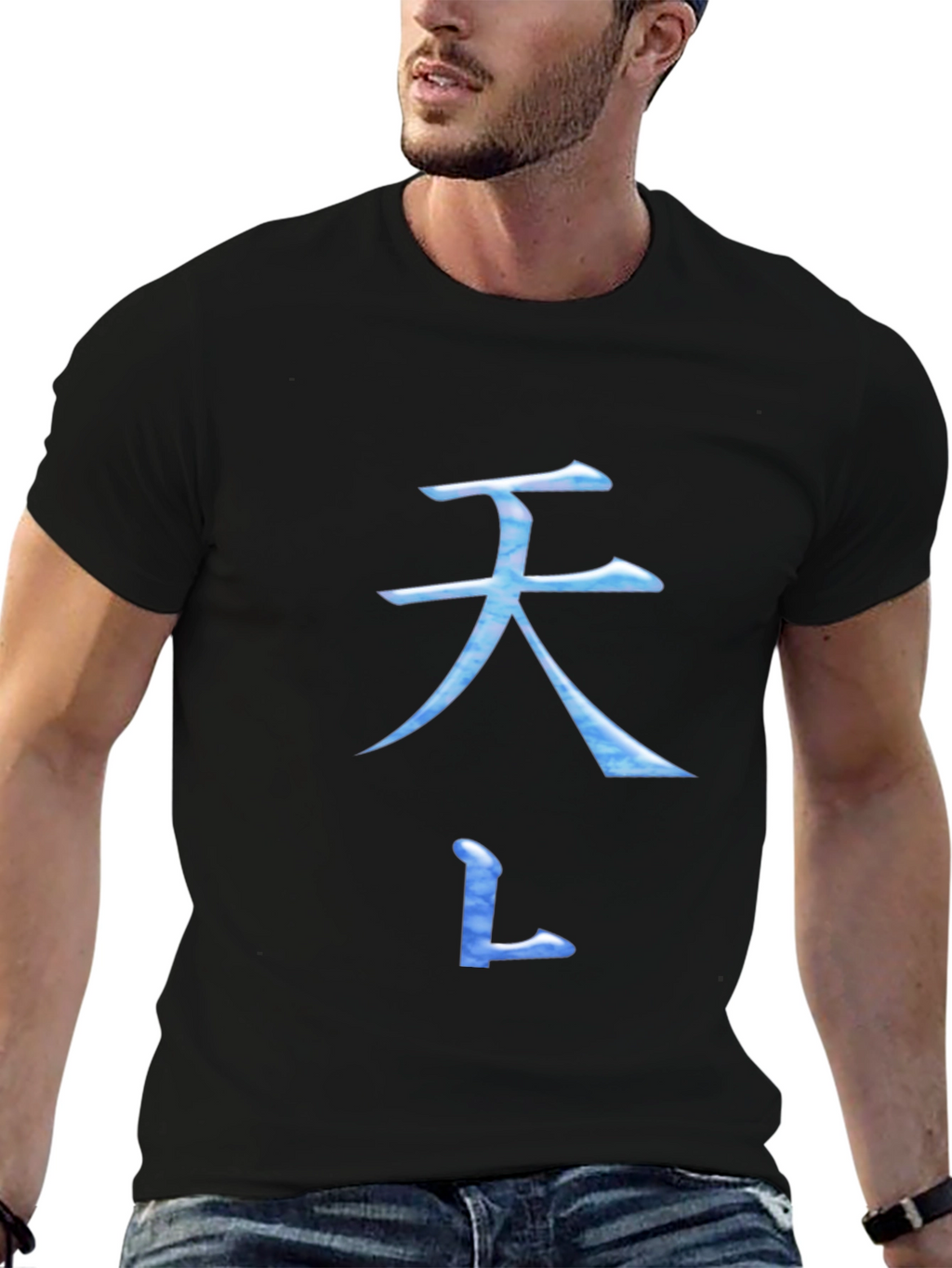 Black T-Shirt with Blue Asian Inspired Symbol Design