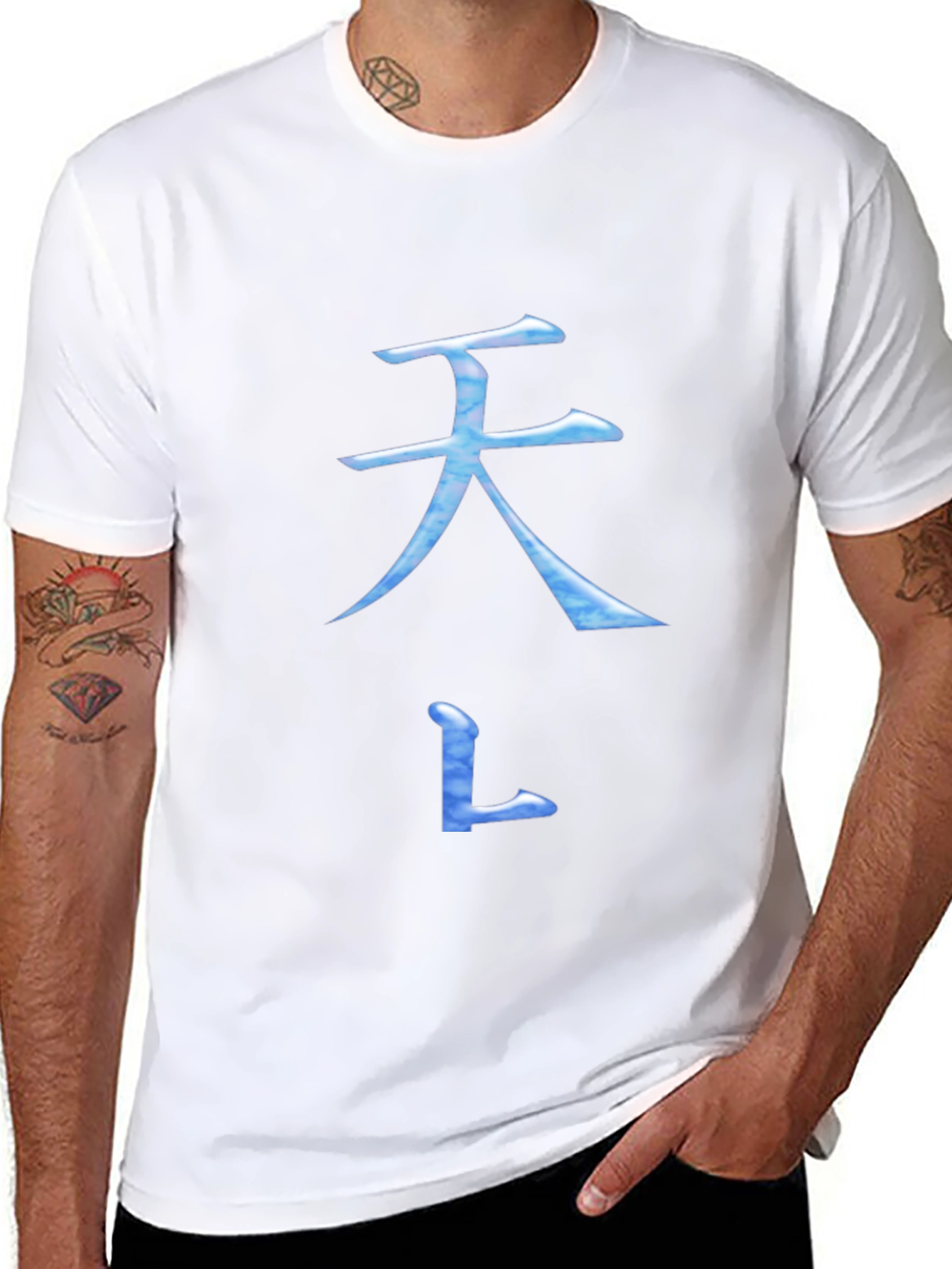 Black T-Shirt with Blue Asian Inspired Symbol Design