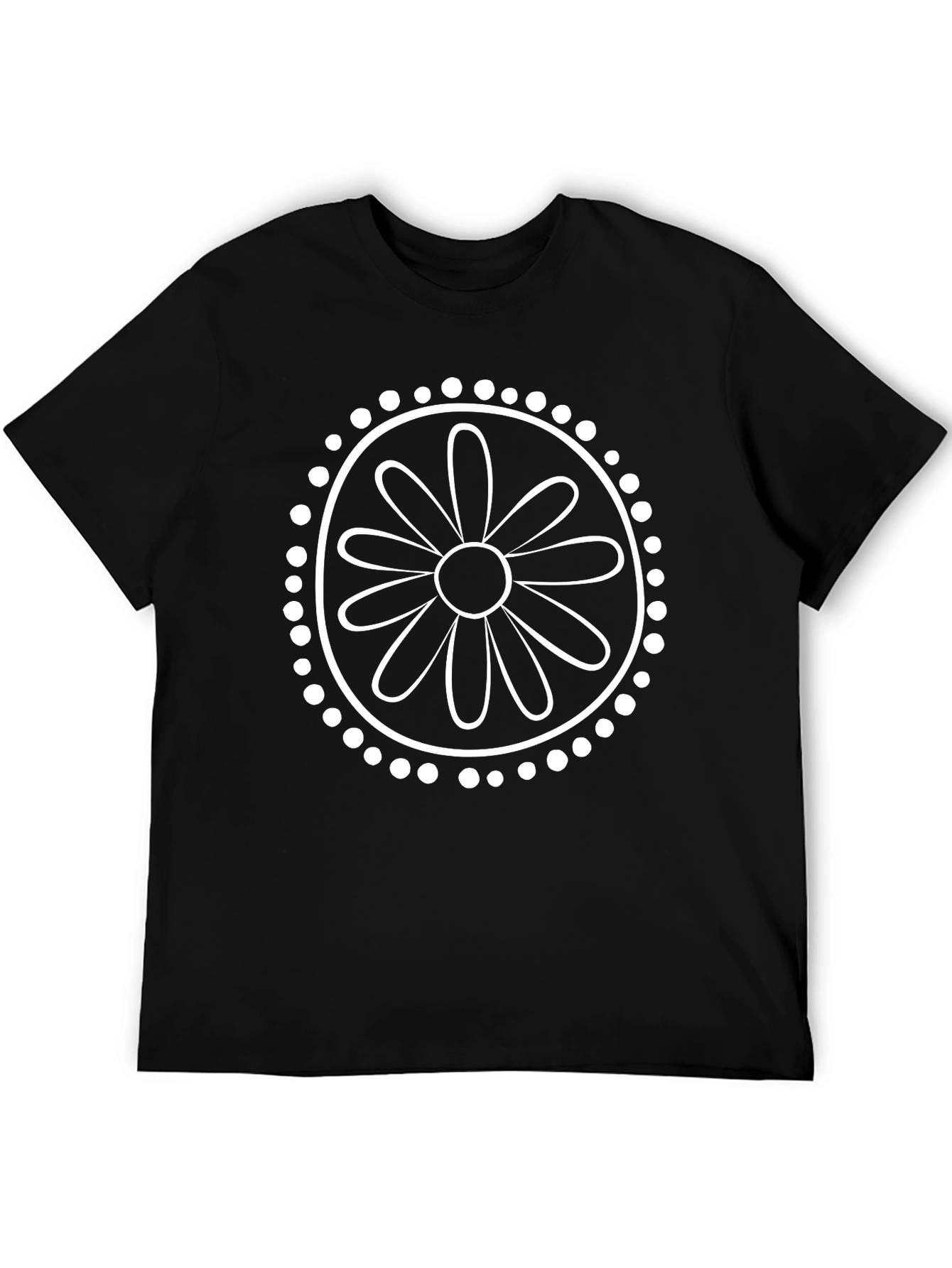 Black T-Shirt with White Daisy Mandala Graphic