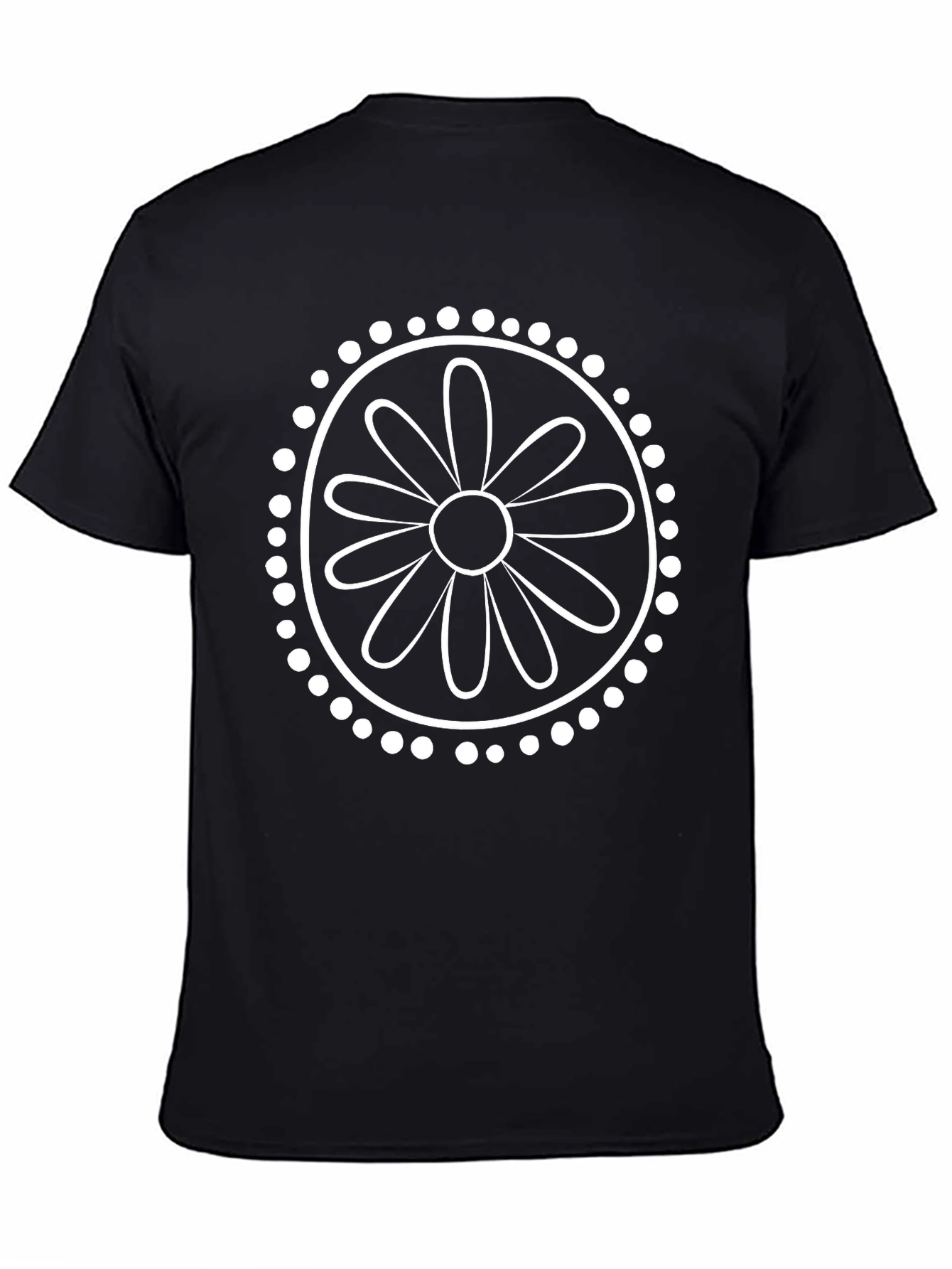 Black T-Shirt with White Daisy Mandala Graphic