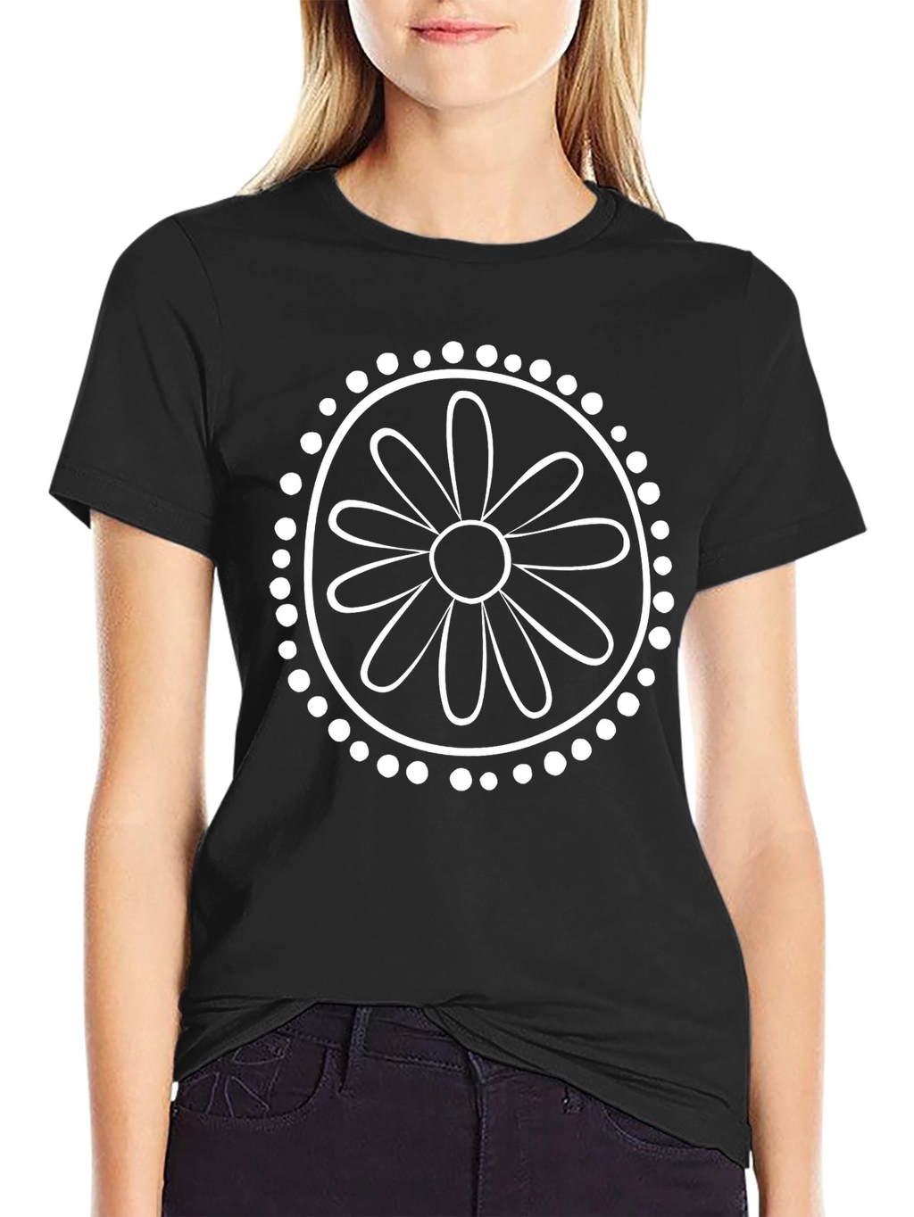 Black T-Shirt with White Daisy Mandala Graphic