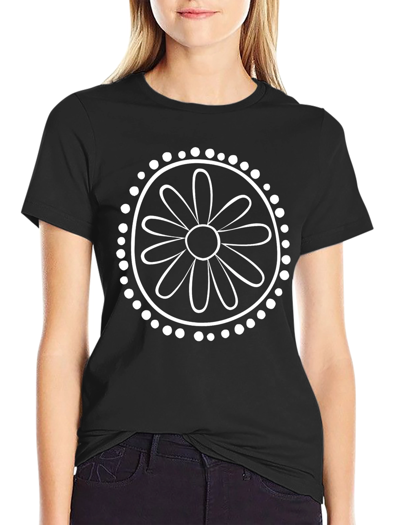 Black T-Shirt with White Daisy Mandala Graphic