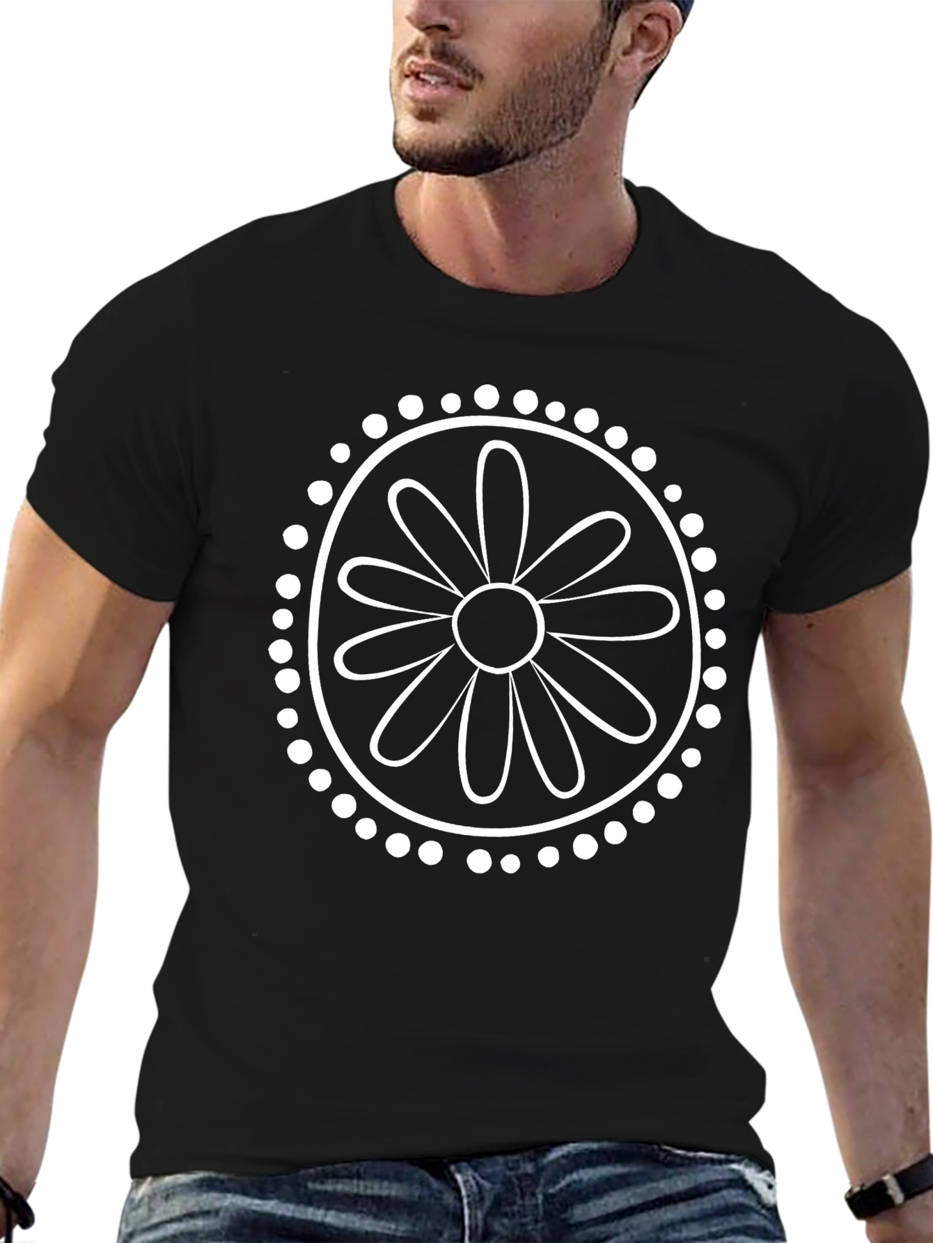 Black T-Shirt with White Daisy Mandala Graphic