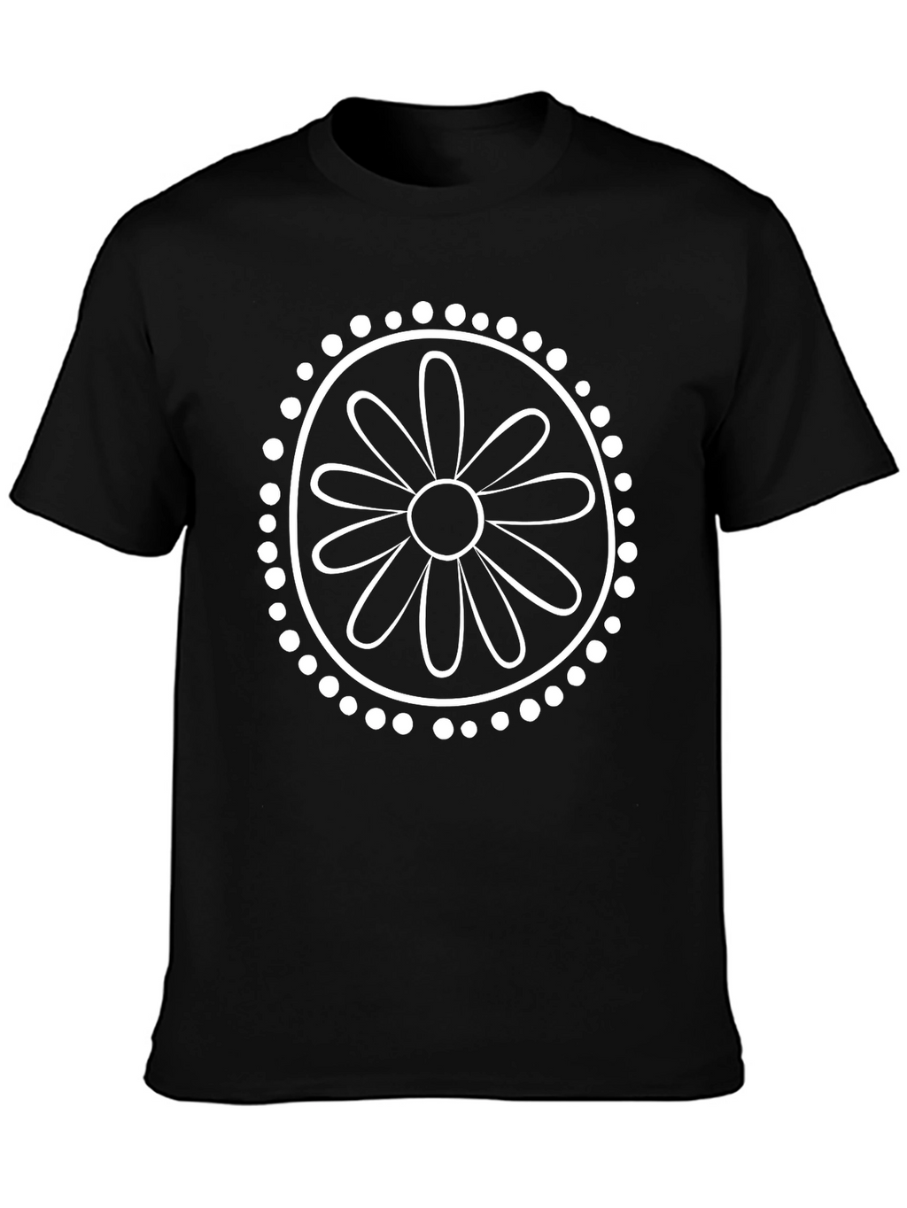 Black T-Shirt with White Daisy Mandala Graphic