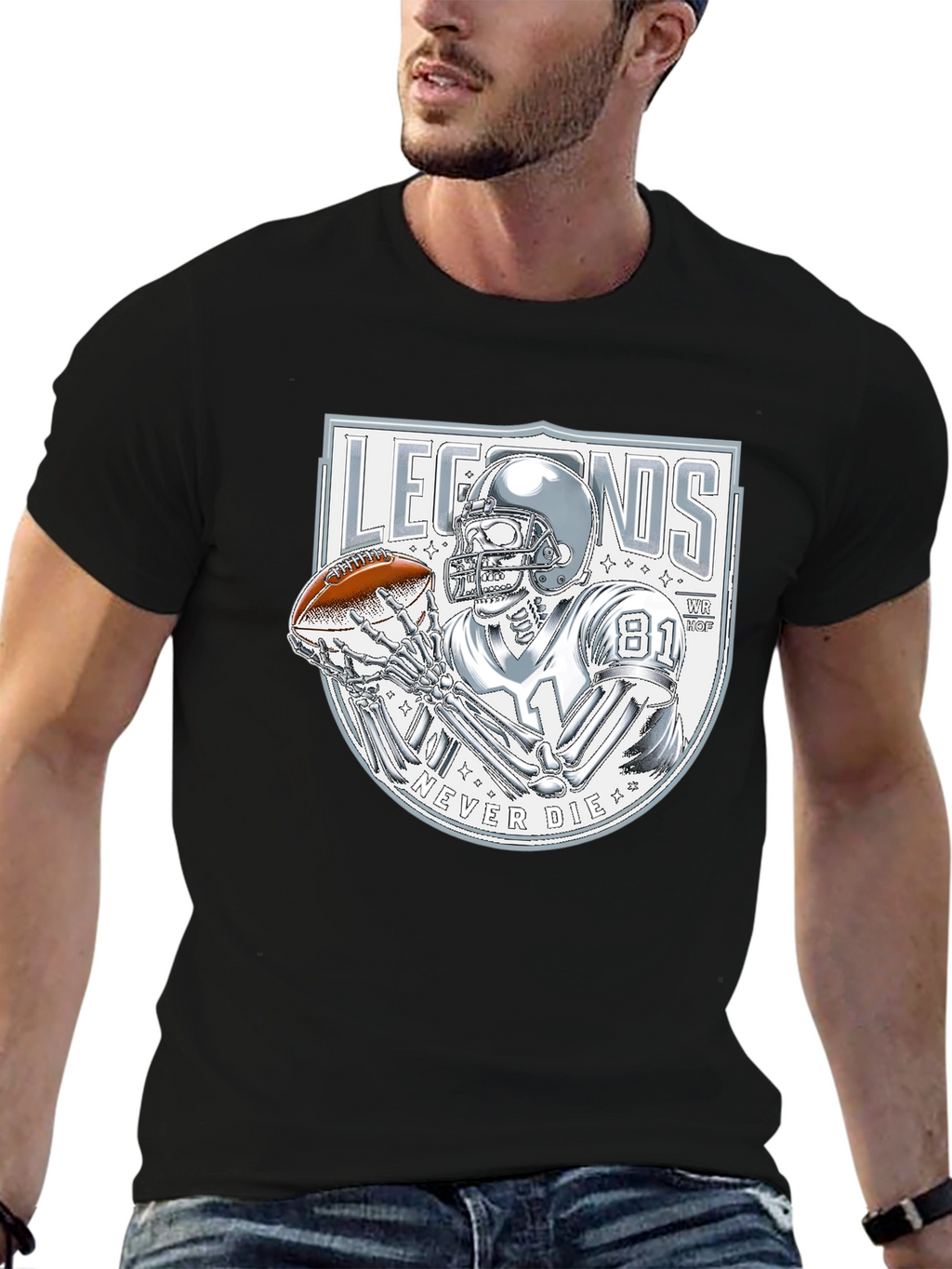 Legends Never Die Skeleton Football Player Graphic T-Shirt