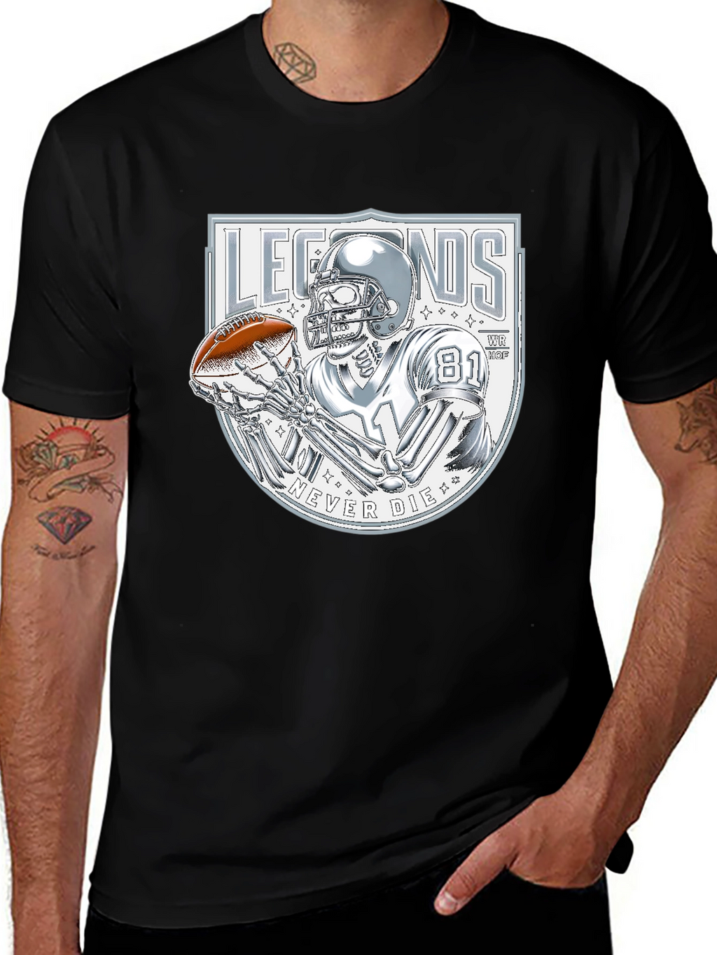Legends Never Die Skeleton Football Player Graphic T-Shirt