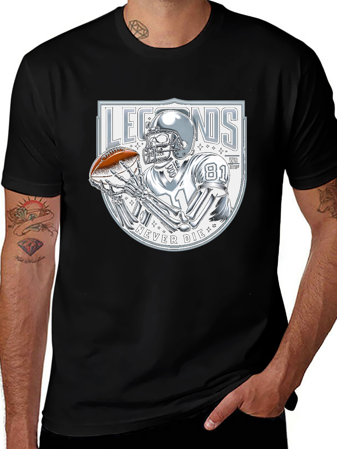 Legends Never Die Skeleton Football Player Graphic T-Shirt