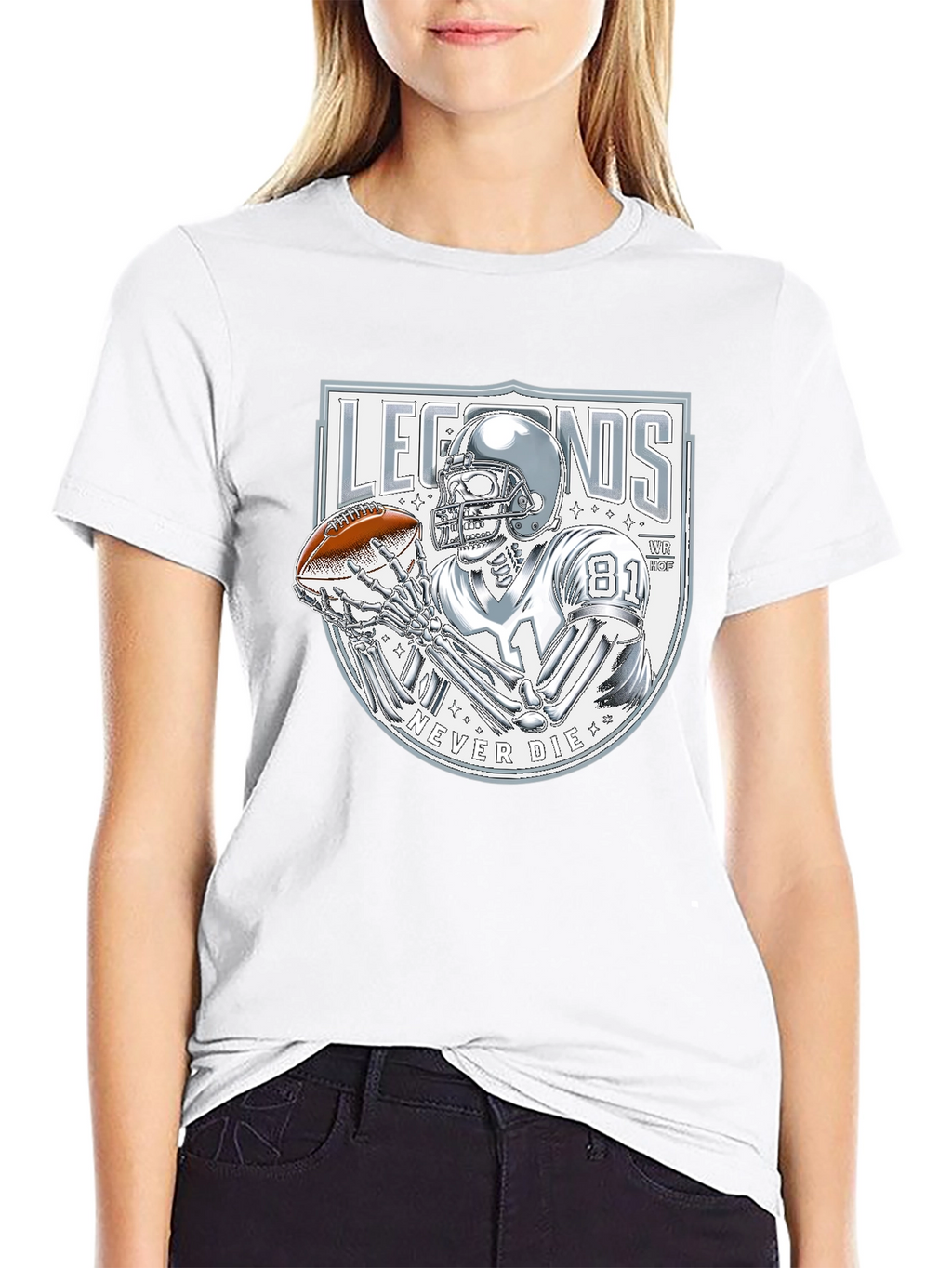 Legends Never Die Skeleton Football Player Graphic T-Shirt