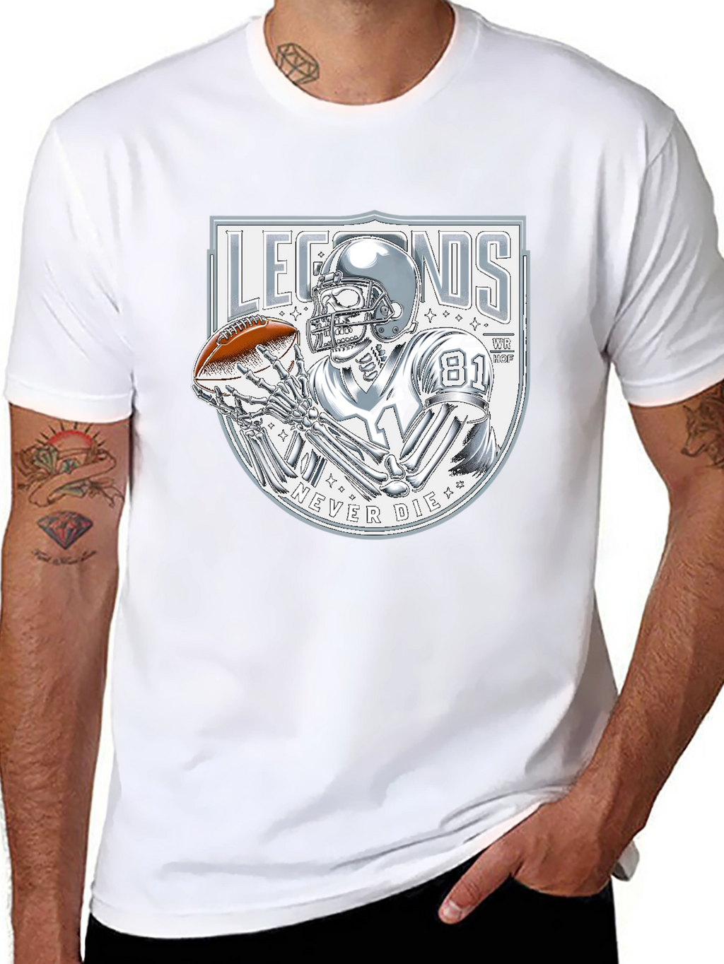 Legends Never Die Skeleton Football Player Graphic T-Shirt
