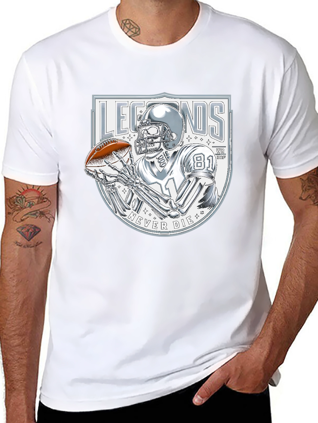 Legends Never Die Skeleton Football Player Graphic T-Shirt