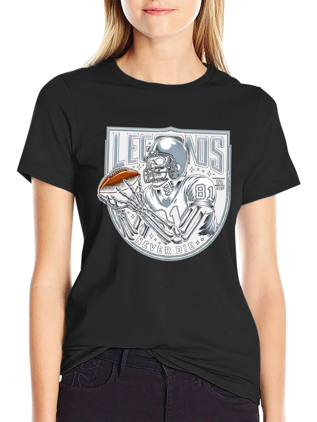 Legends Never Die Skeleton Football Player Graphic T-Shirt