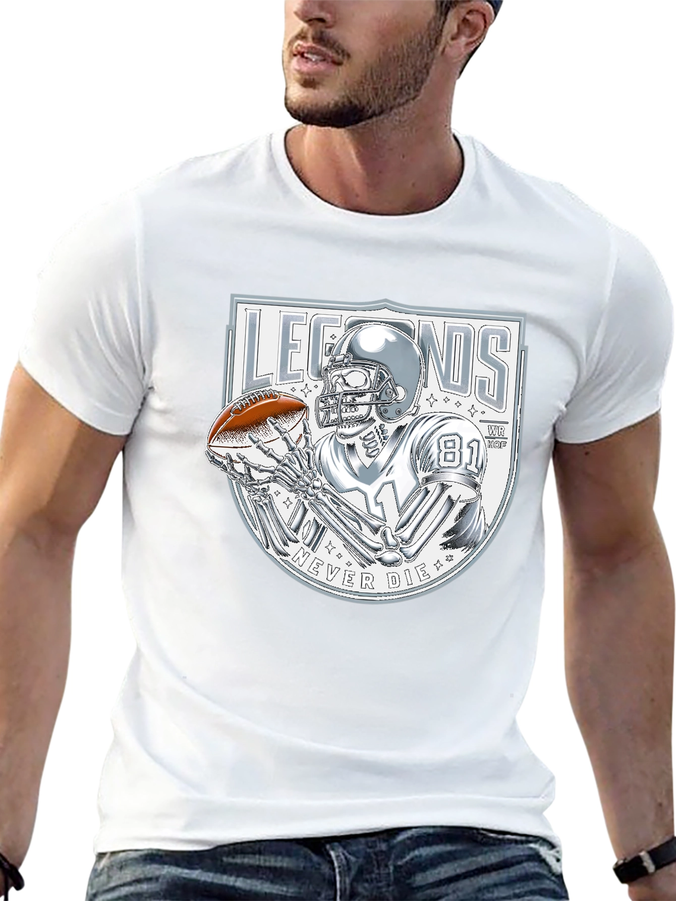 Legends Never Die Skeleton Football Player Graphic T-Shirt