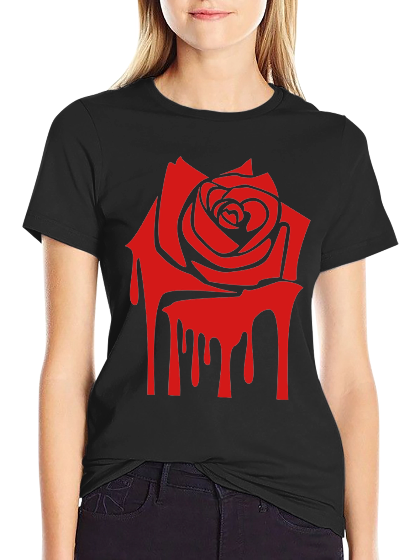 Red Rose Drip Graphic Print T-Shirt