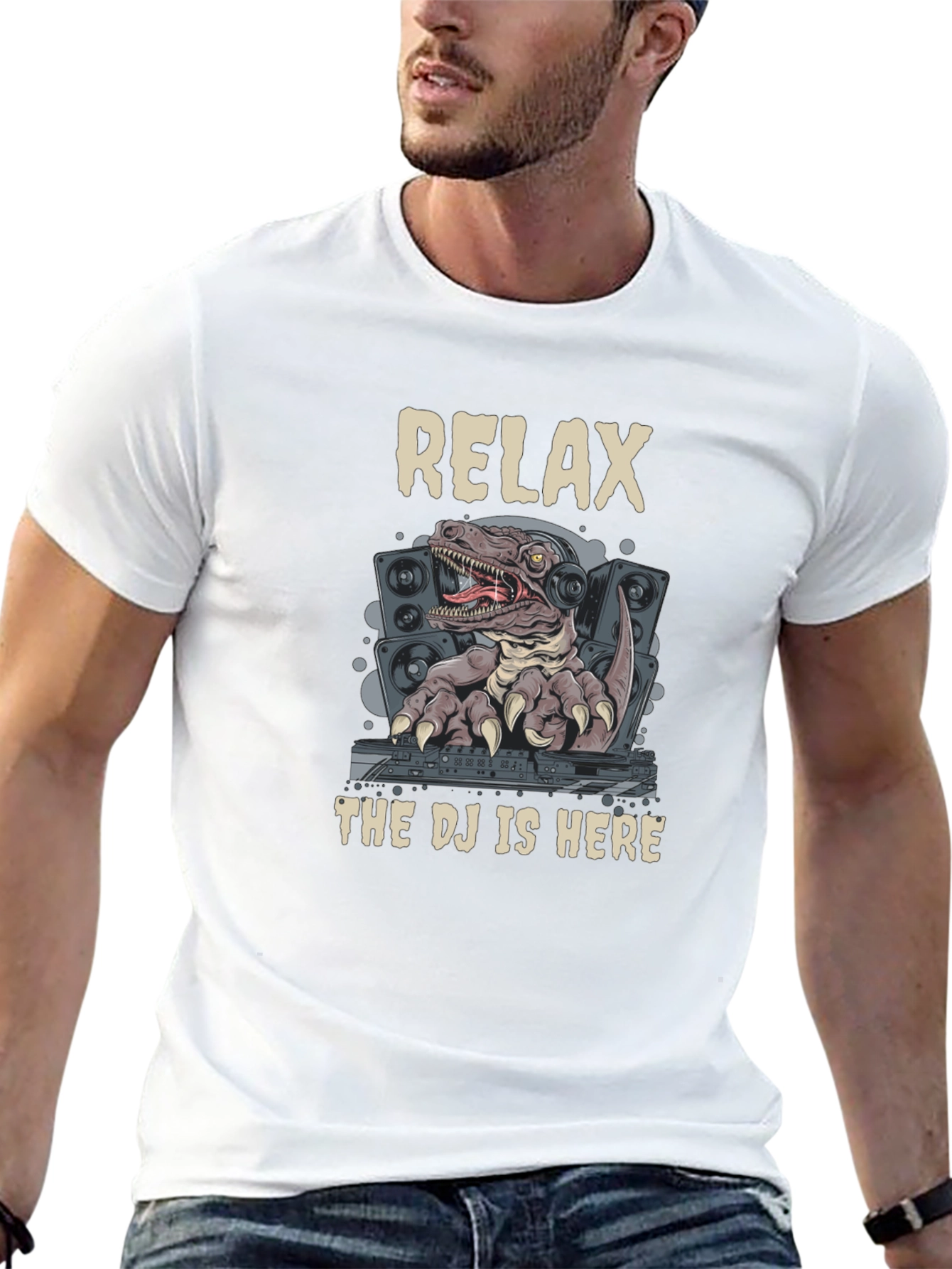 Relax DJ Rex Graphic Tee - Dinosaur DJ T-Shirt