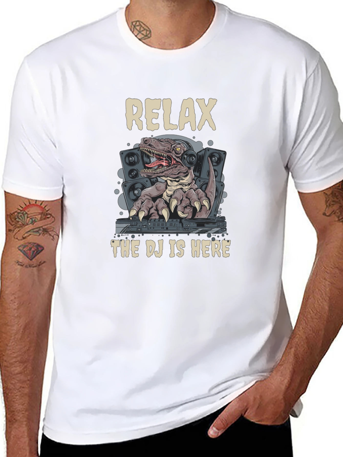 Relax DJ Rex Graphic Tee - Dinosaur DJ T-Shirt